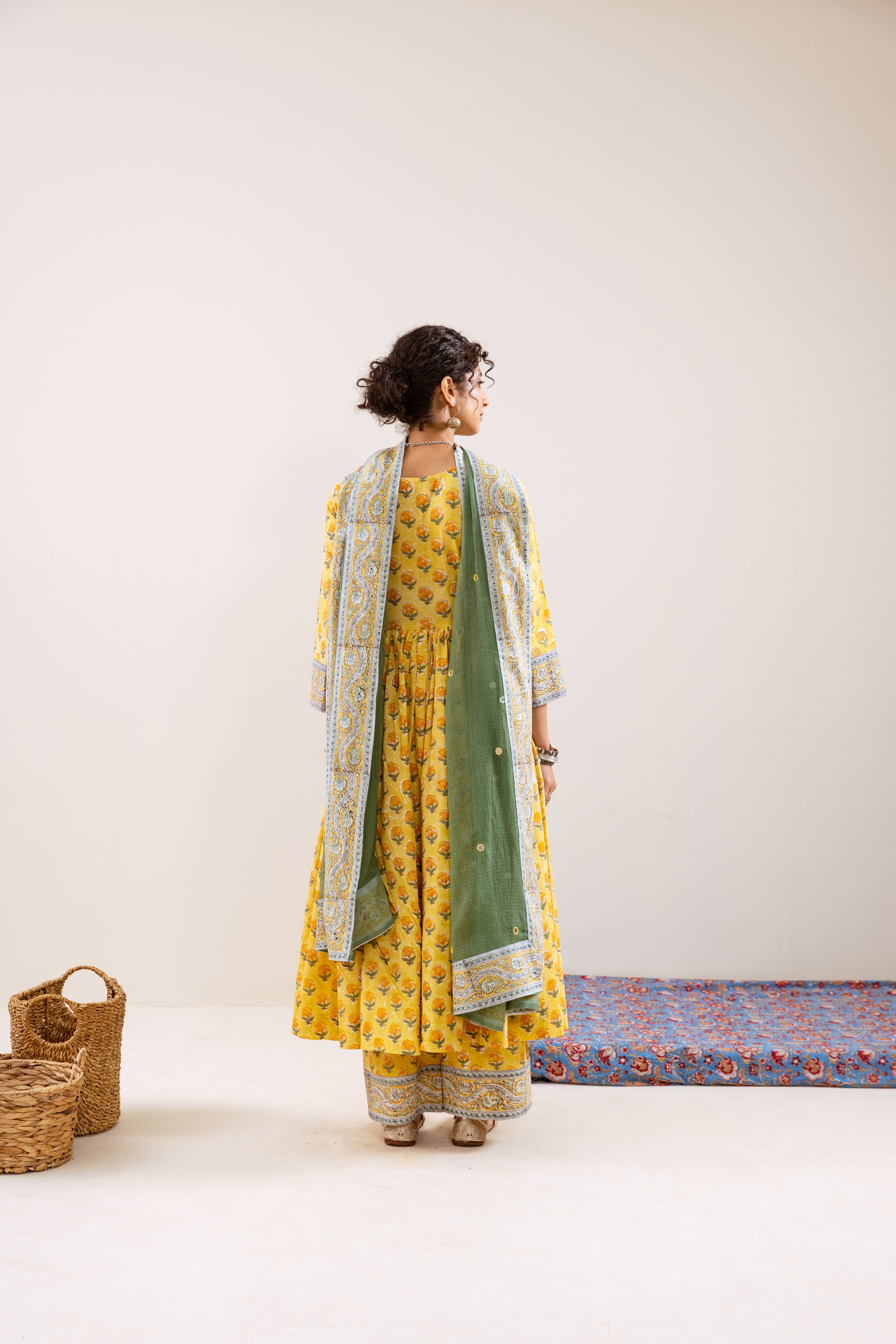 Bahara Yellow Hand Block Anarkali Set