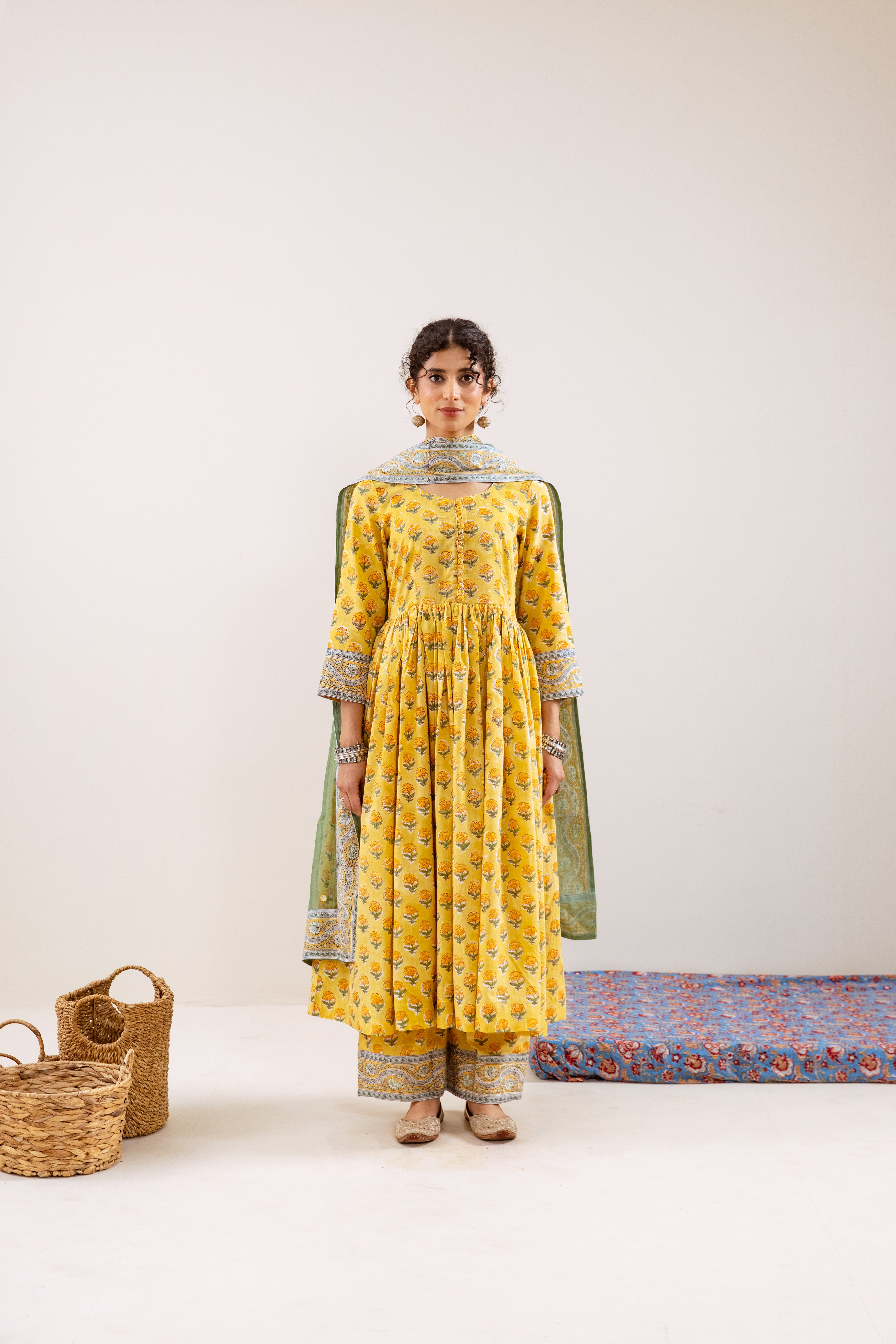 Bahara Yellow Hand Block Anarkali Set