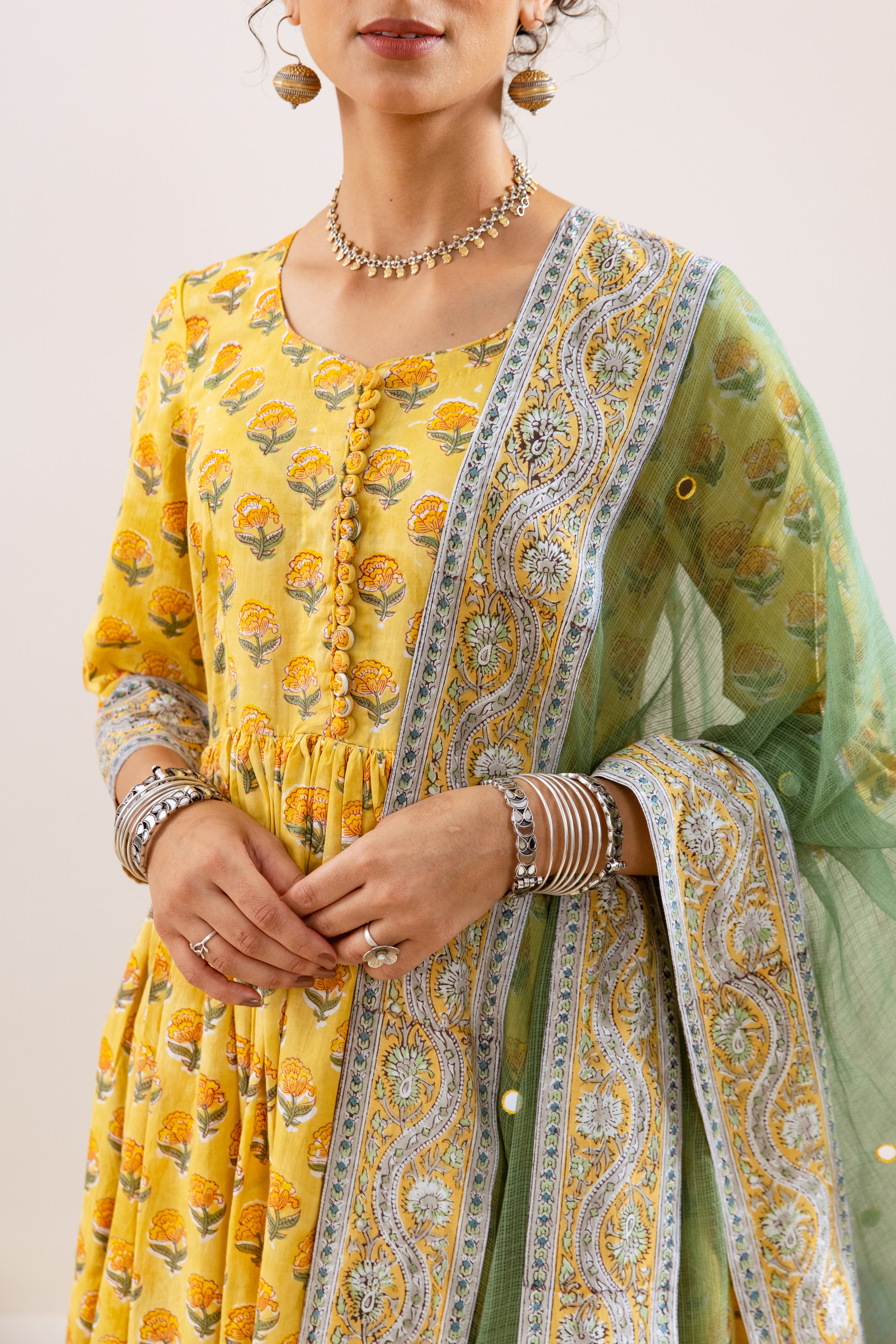 Bahara Yellow Hand Block Anarkali Set