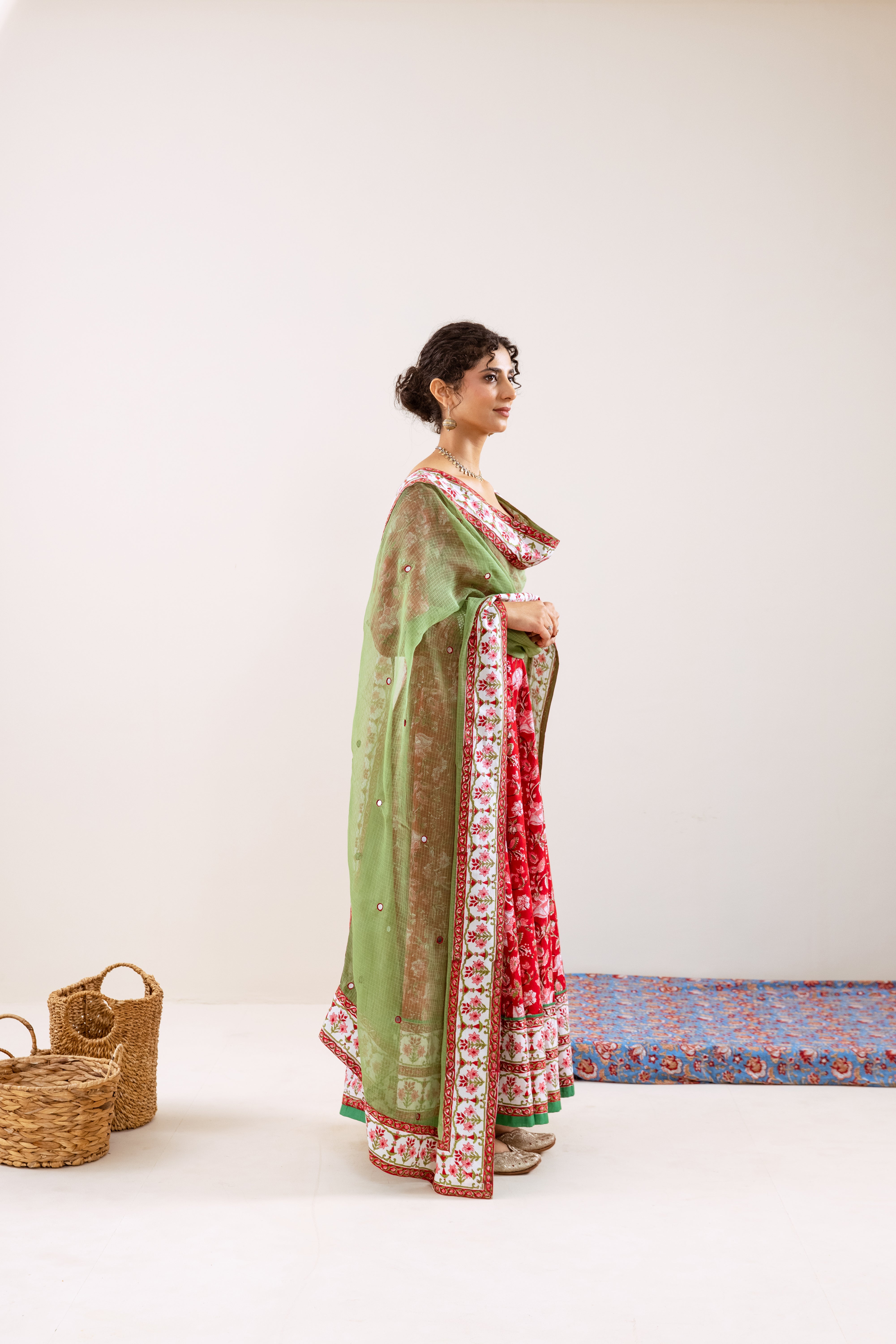 Bahara Red Floral Hand Block Anarkali Set