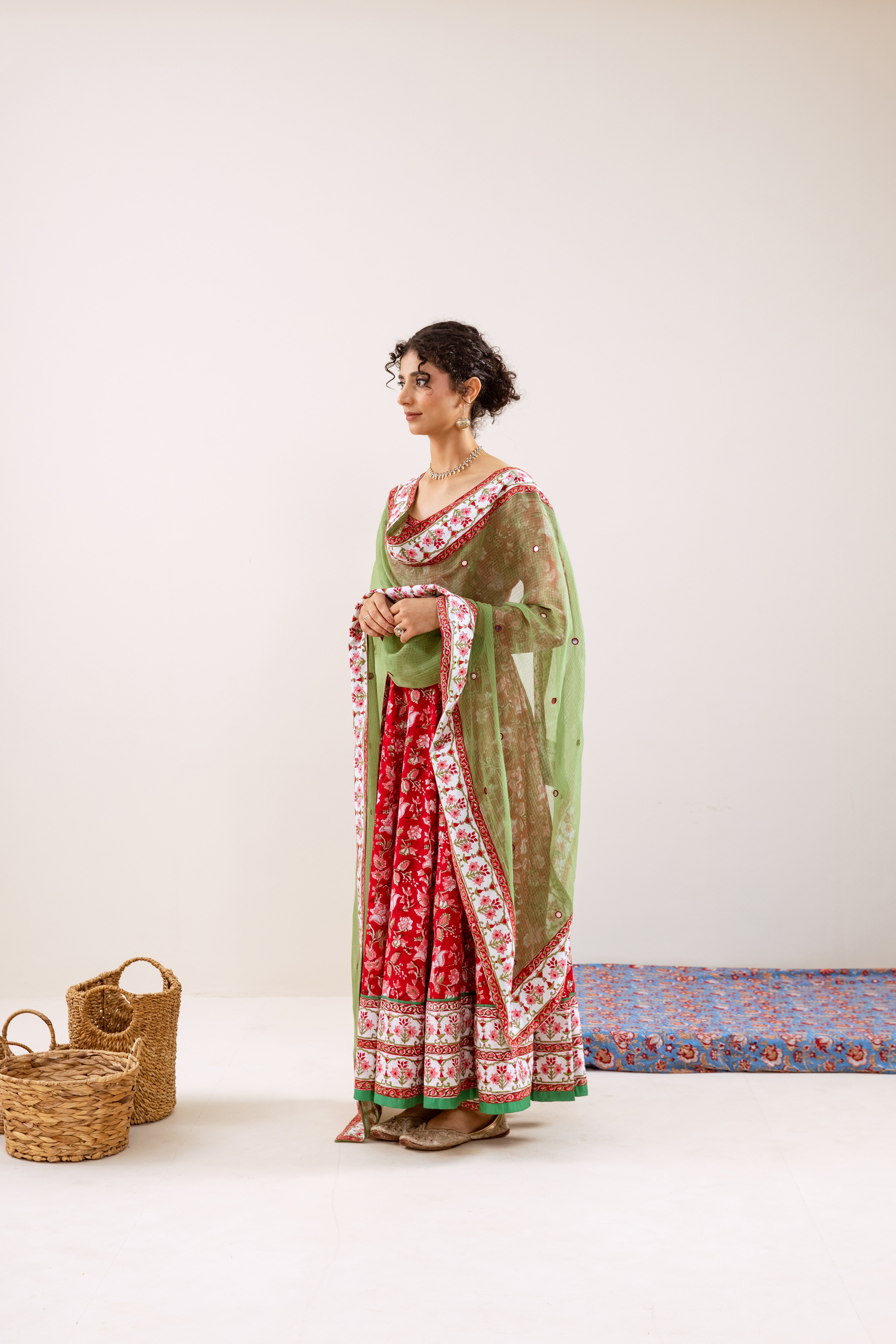 Bahara Red Floral Hand Block Anarkali Set