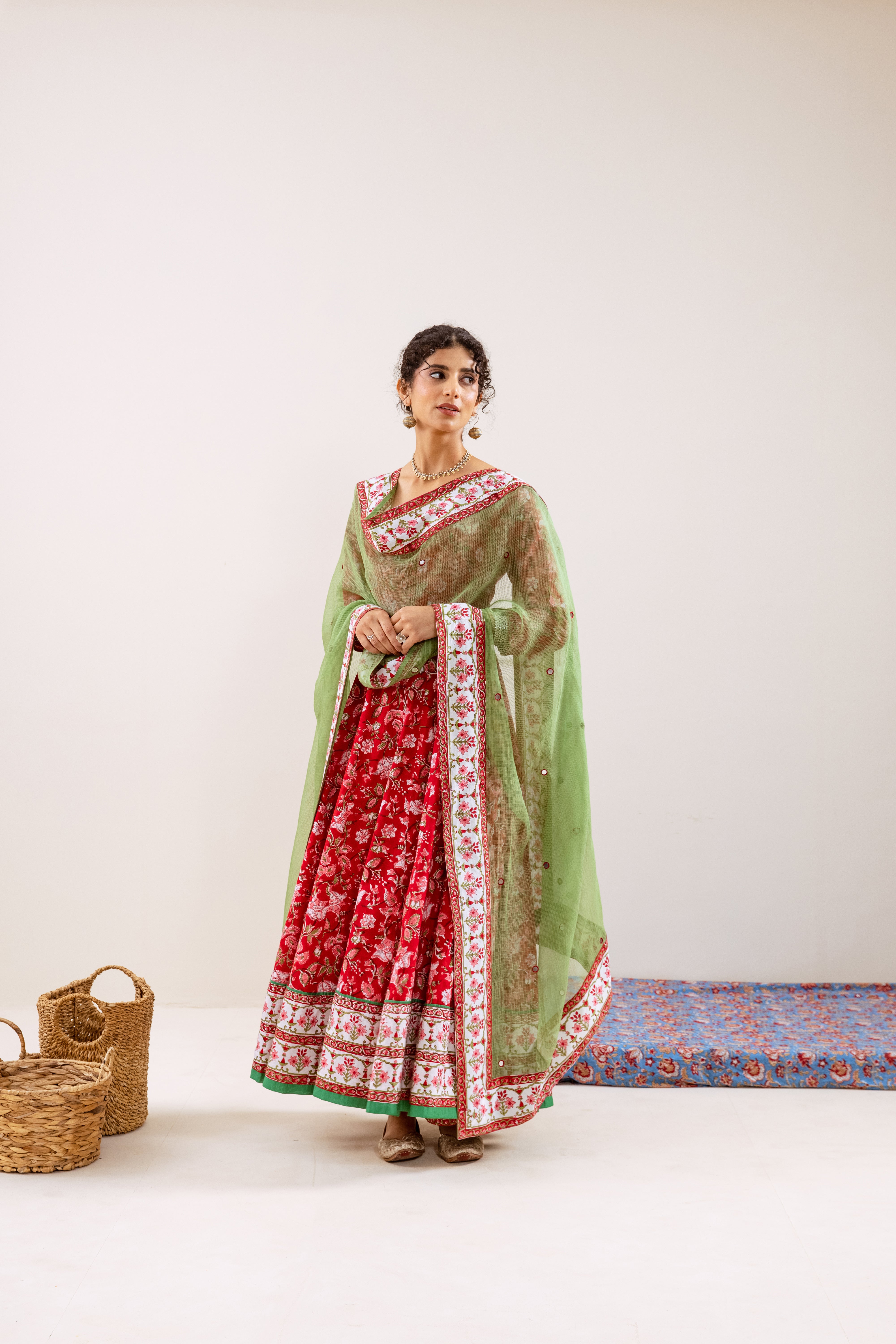Bahara Red Floral Hand Block Anarkali Set