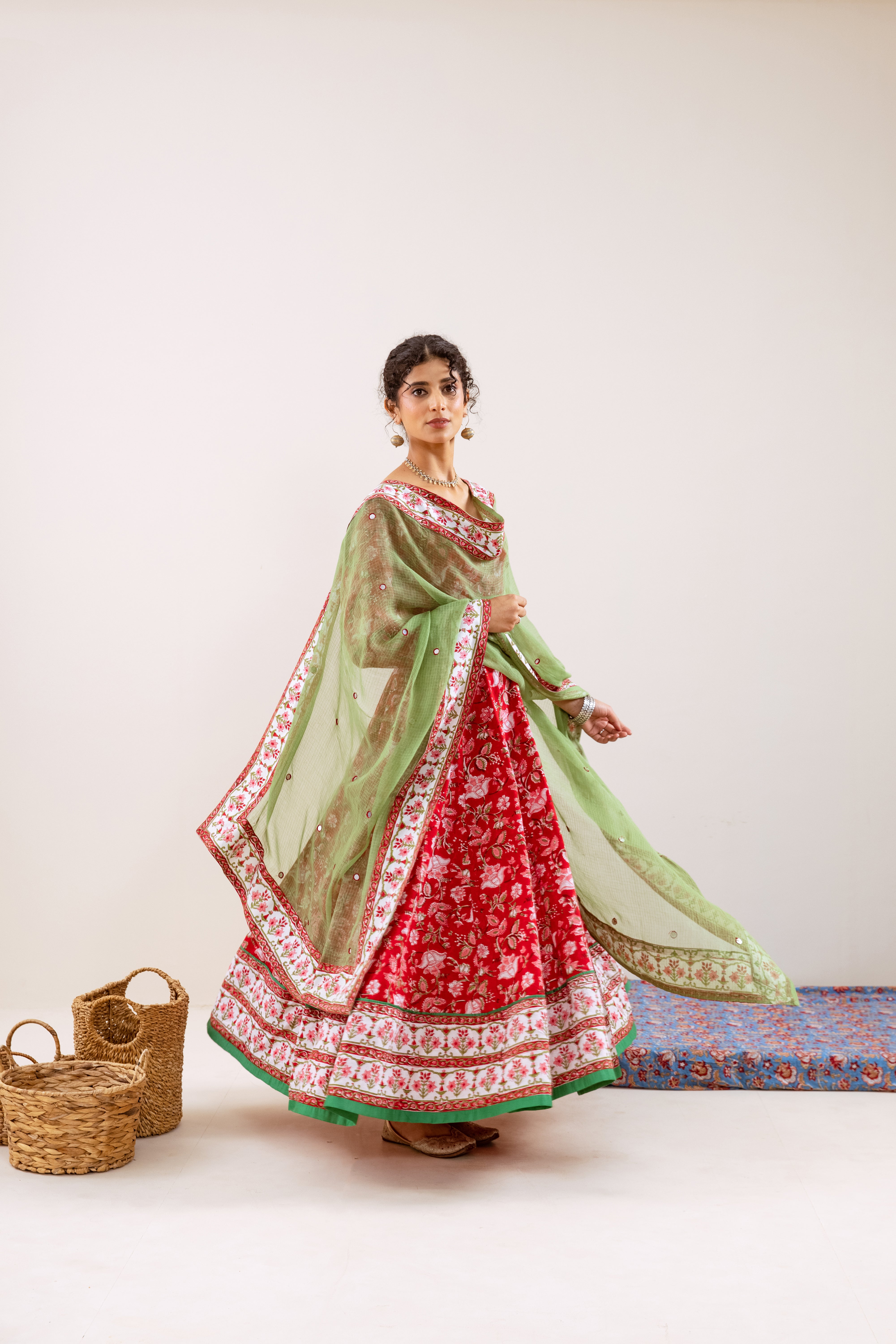 Bahara Red Floral Hand Block Anarkali Set