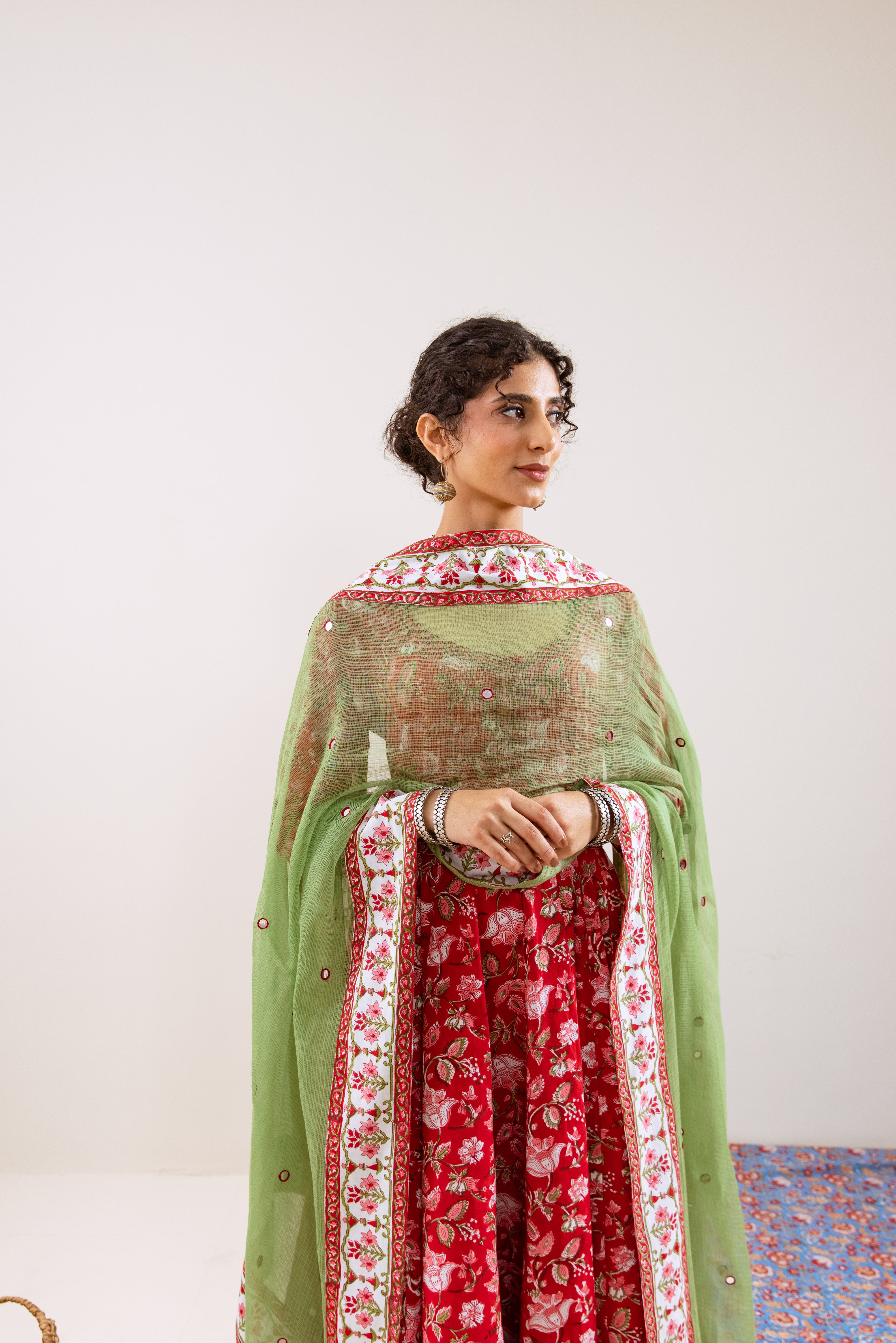 Bahara Red Floral Hand Block Anarkali Set