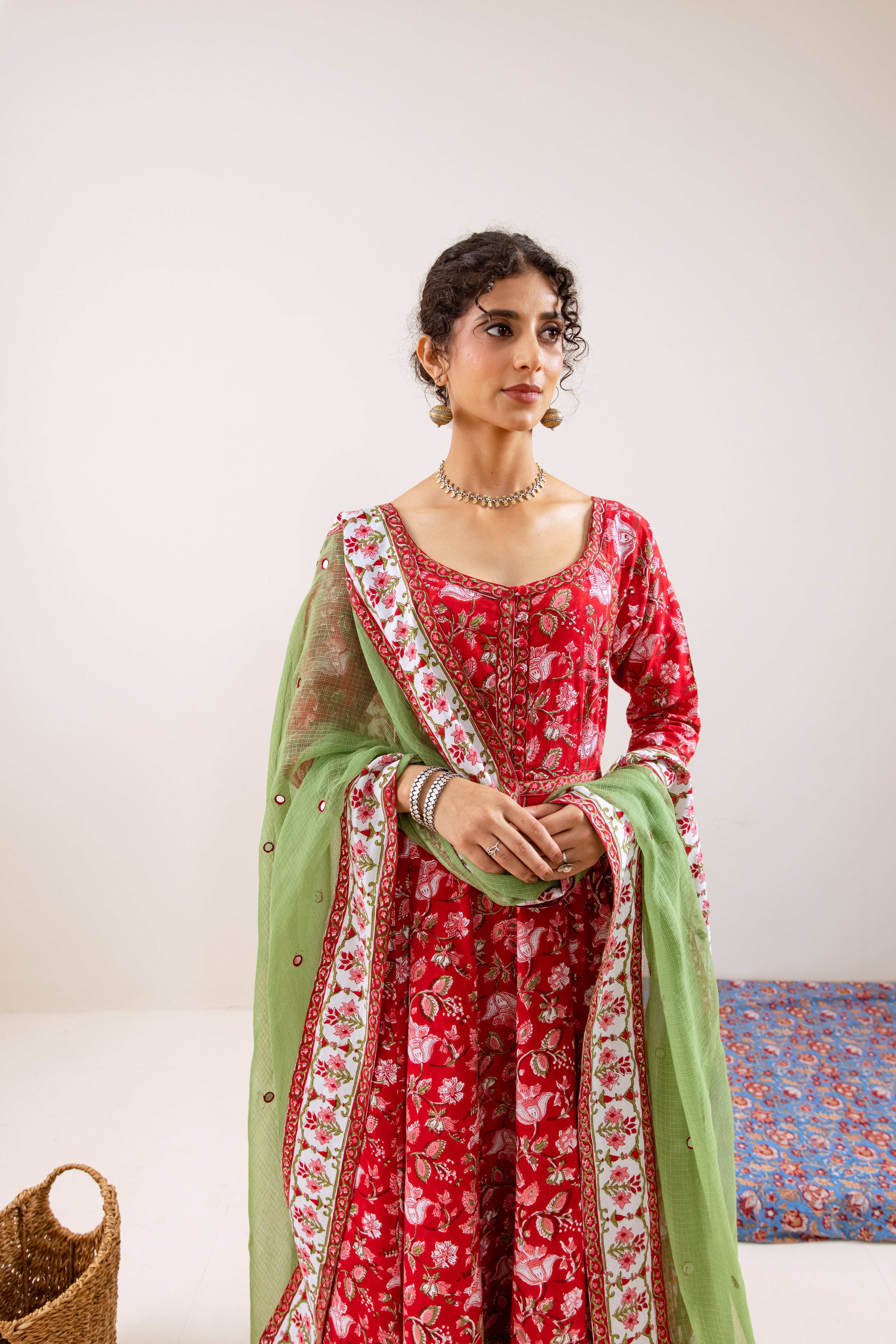 Bahara Red Floral Hand Block Anarkali Set