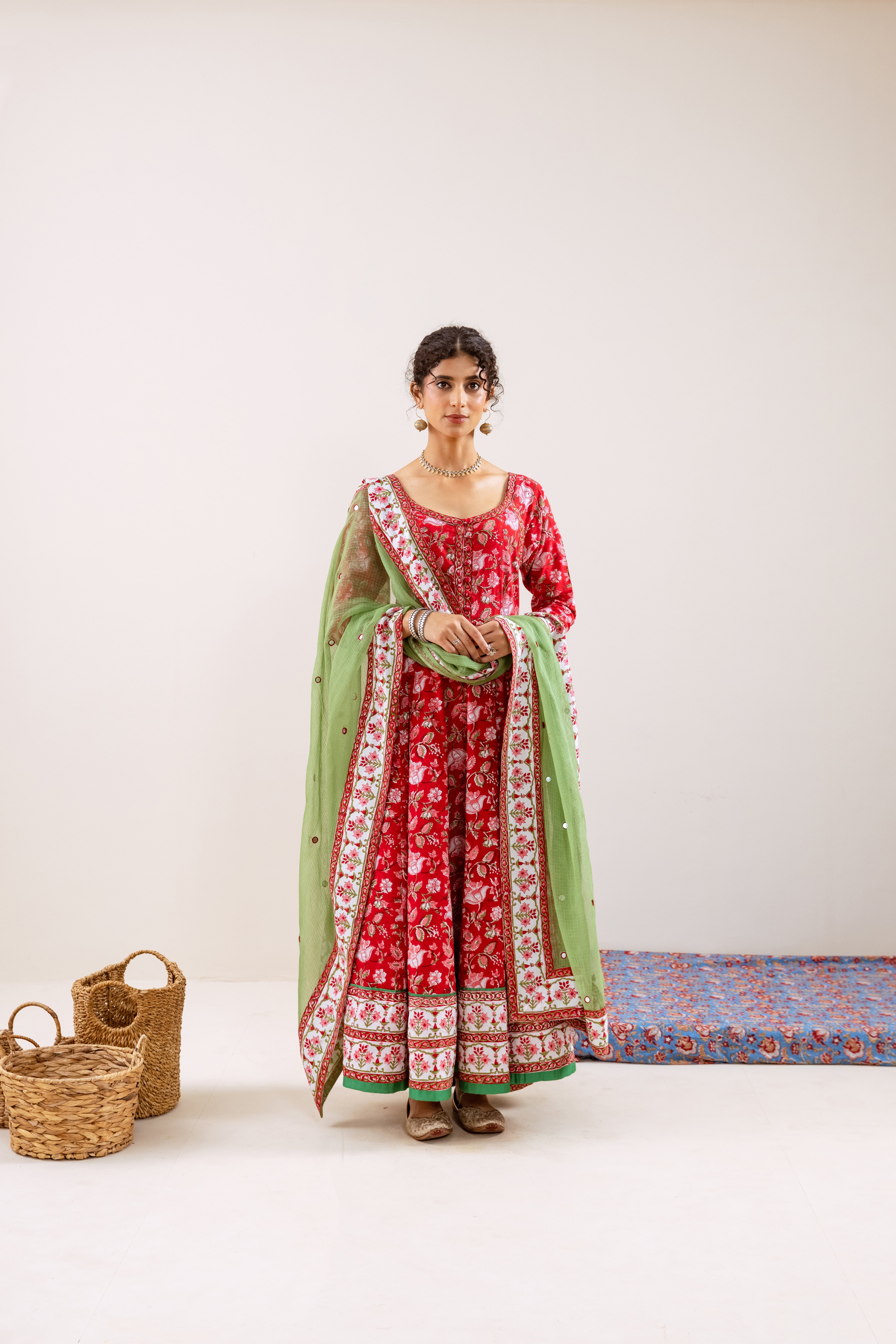 Bahara Red Floral Hand Block Anarkali Set