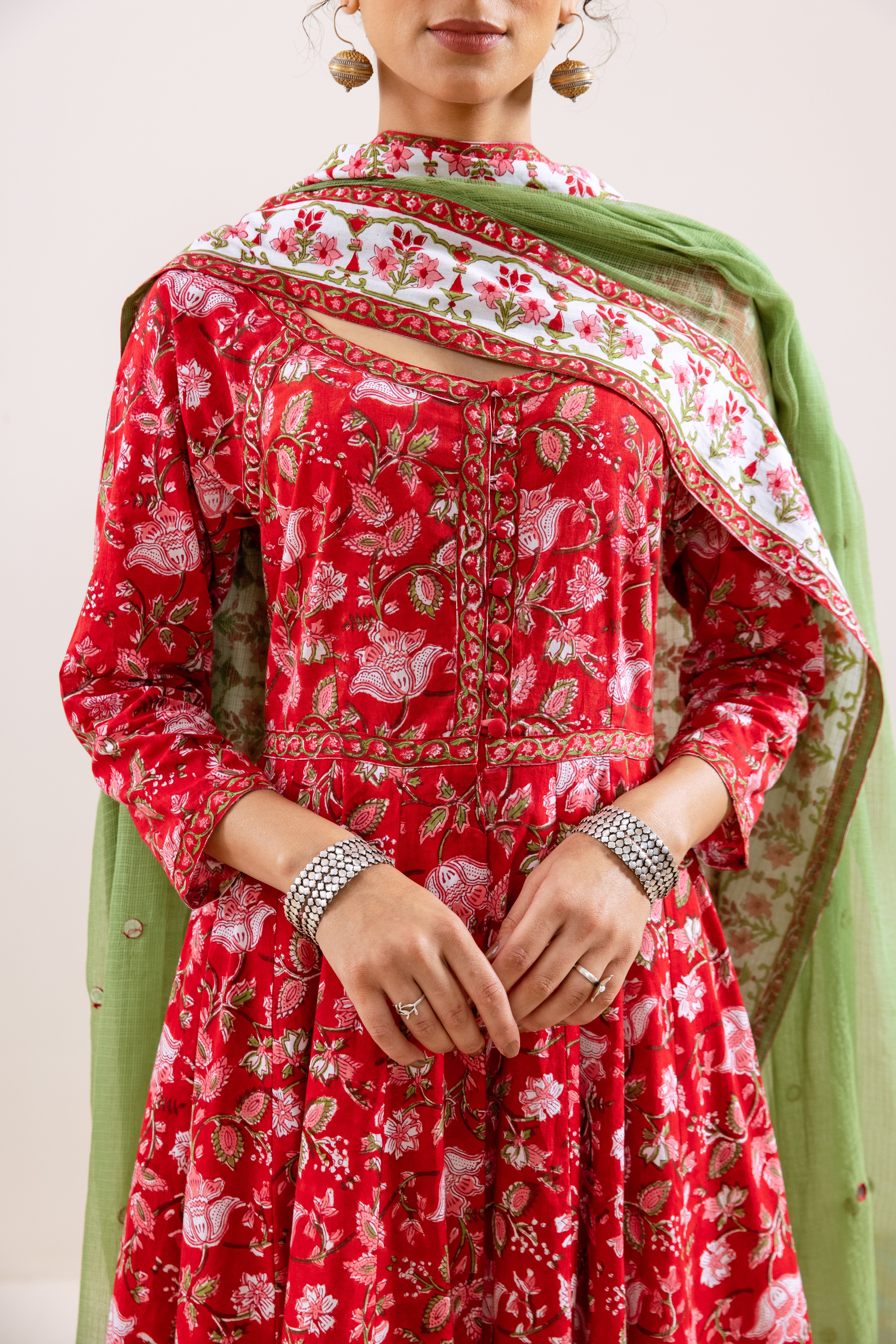 Bahara Red Floral Hand Block Anarkali Set