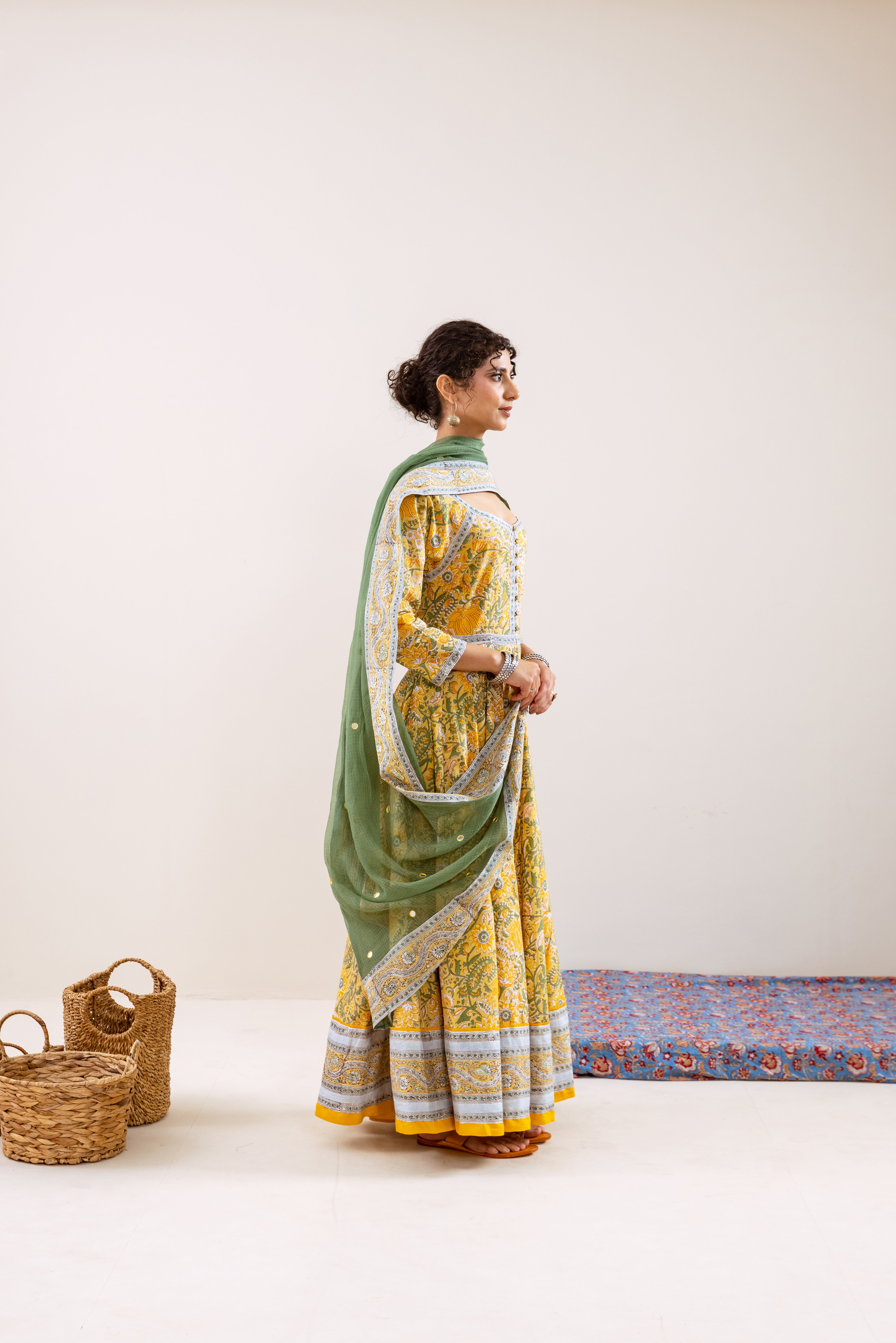 Bahara Yellow Floral Hand Block Anarkali Set