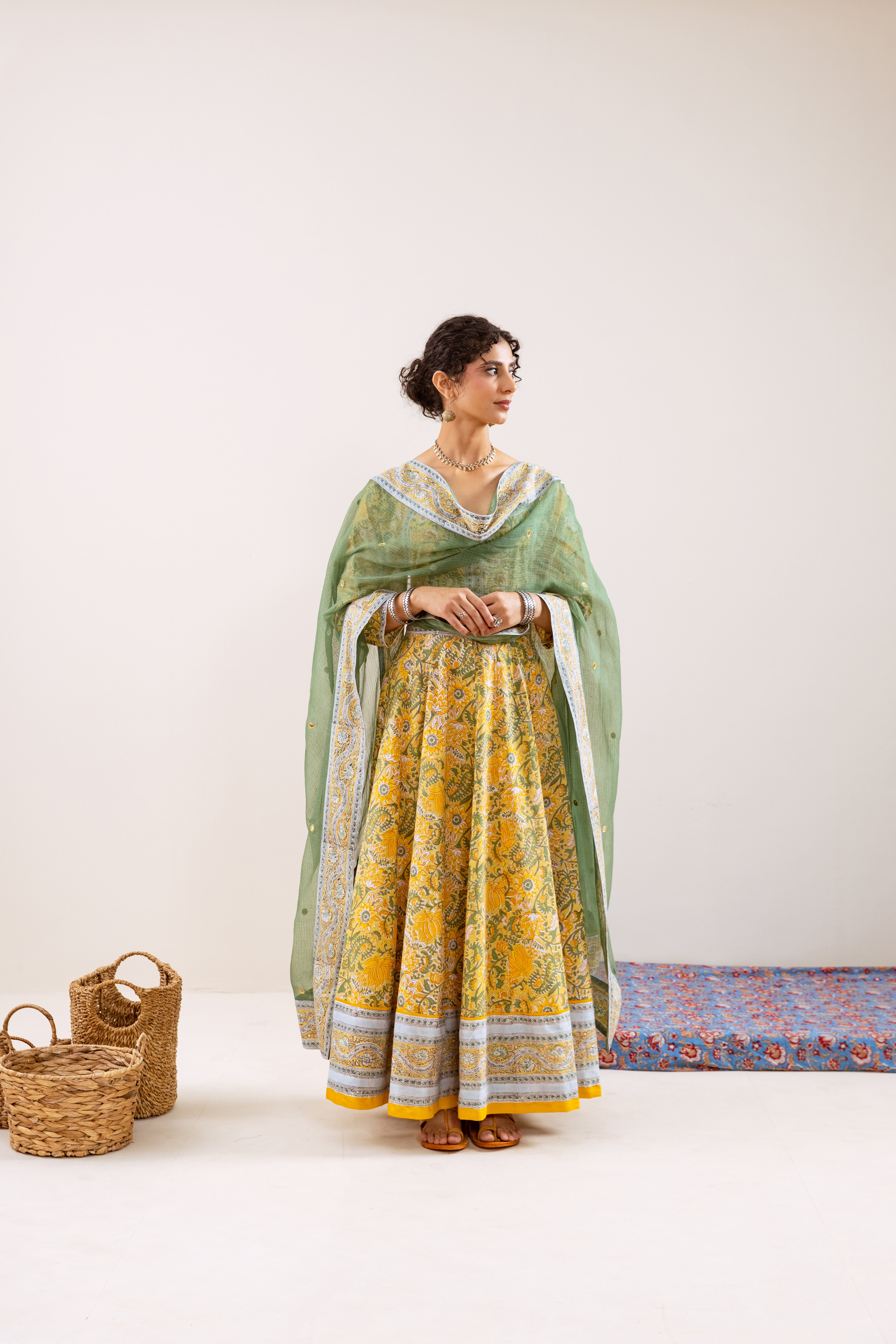 Bahara Yellow Floral Hand Block Anarkali Set