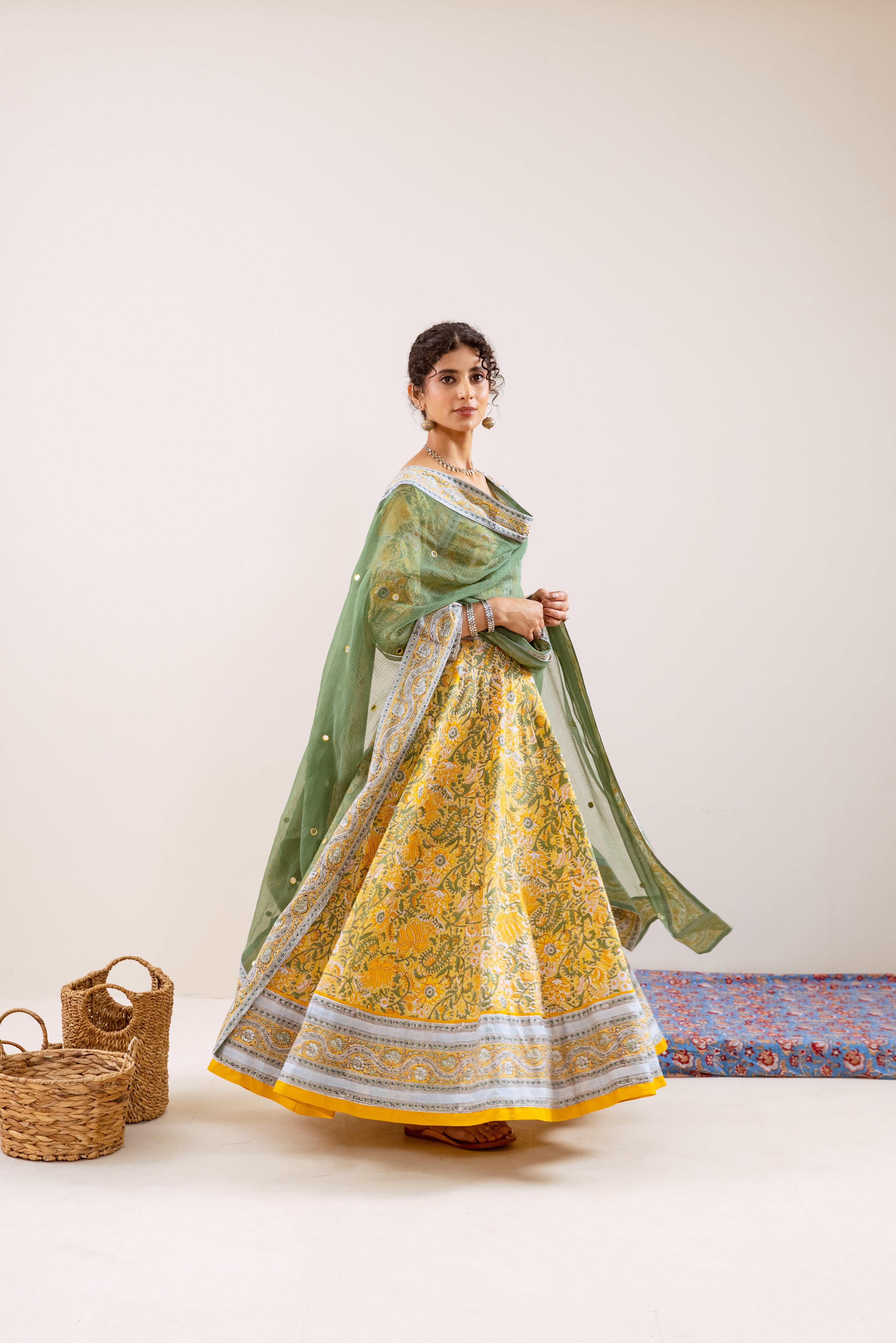 Bahara Yellow Floral Hand Block Anarkali Set