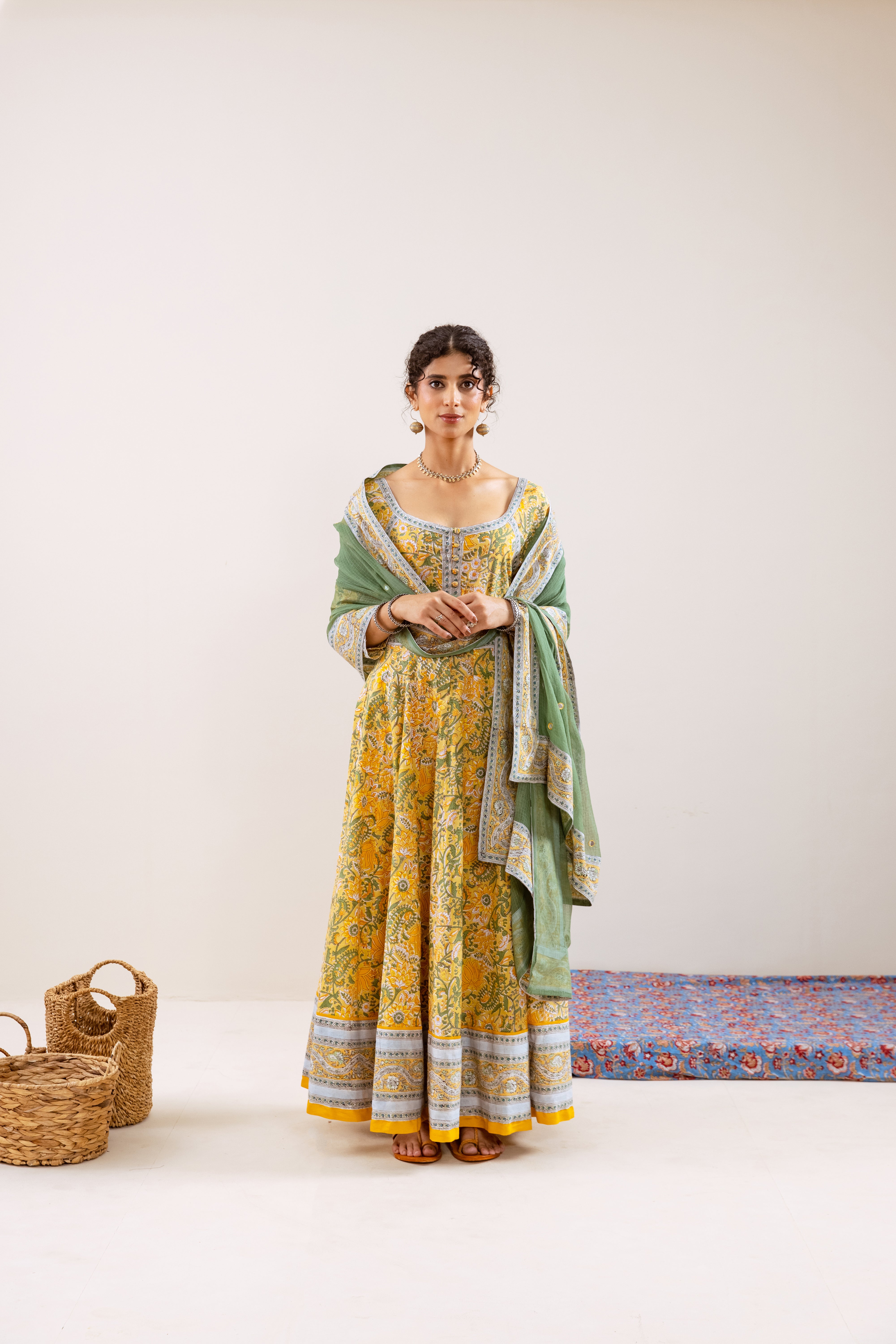 Bahara Yellow Floral Hand Block Anarkali Set