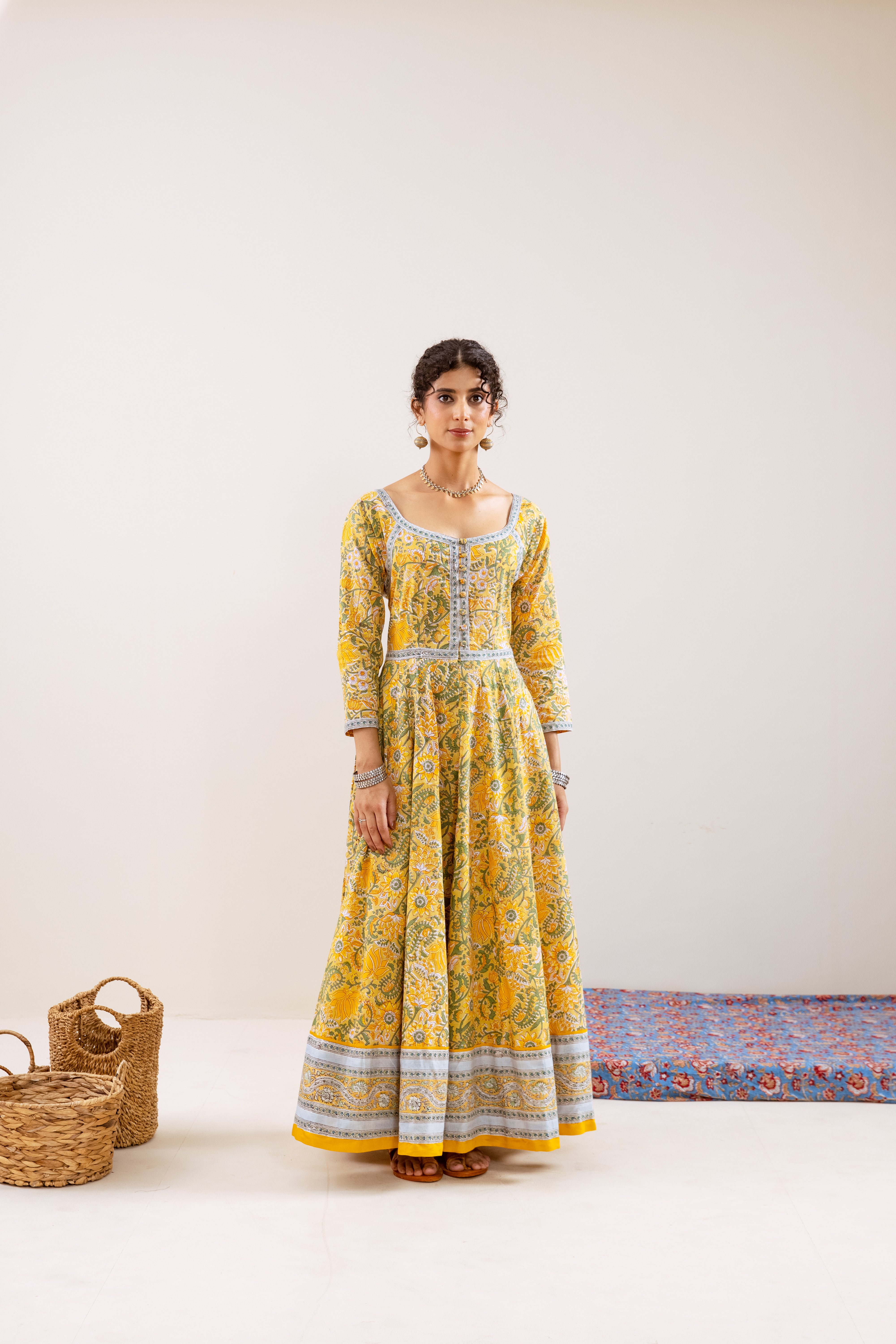 Bahara Yellow Floral Hand Block Anarkali Set