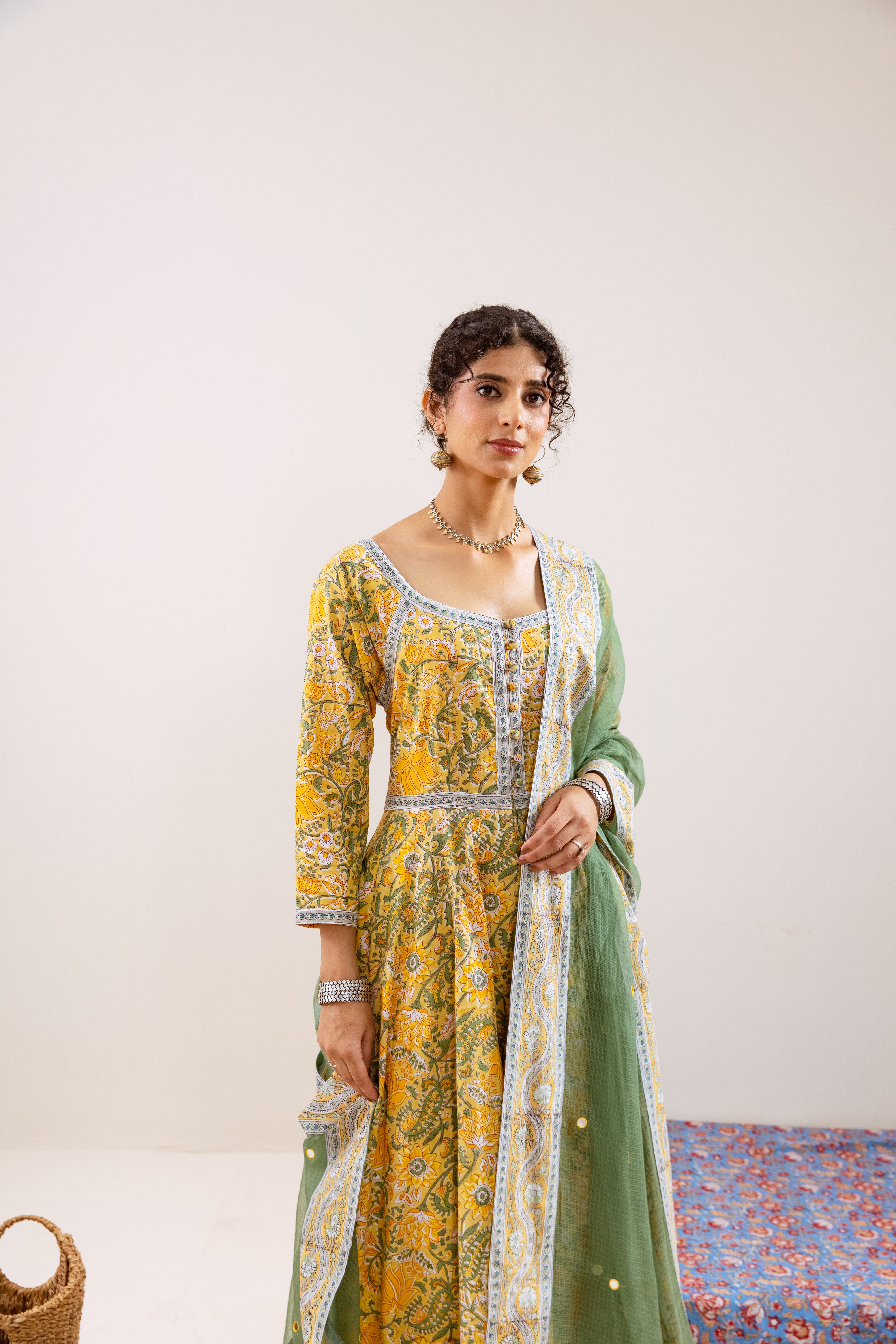 Bahara Yellow Floral Hand Block Anarkali Set