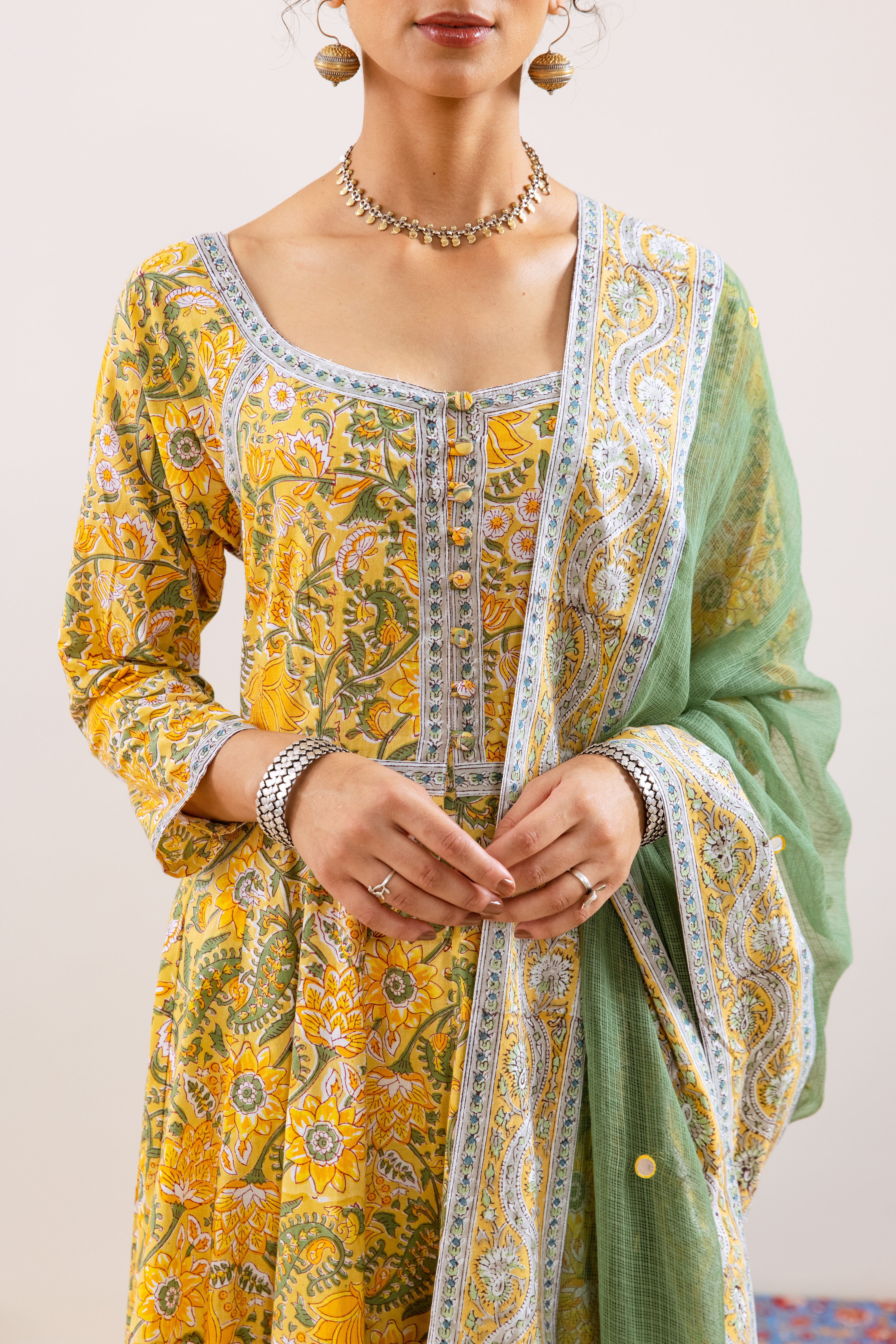 Bahara Yellow Floral Hand Block Anarkali Set