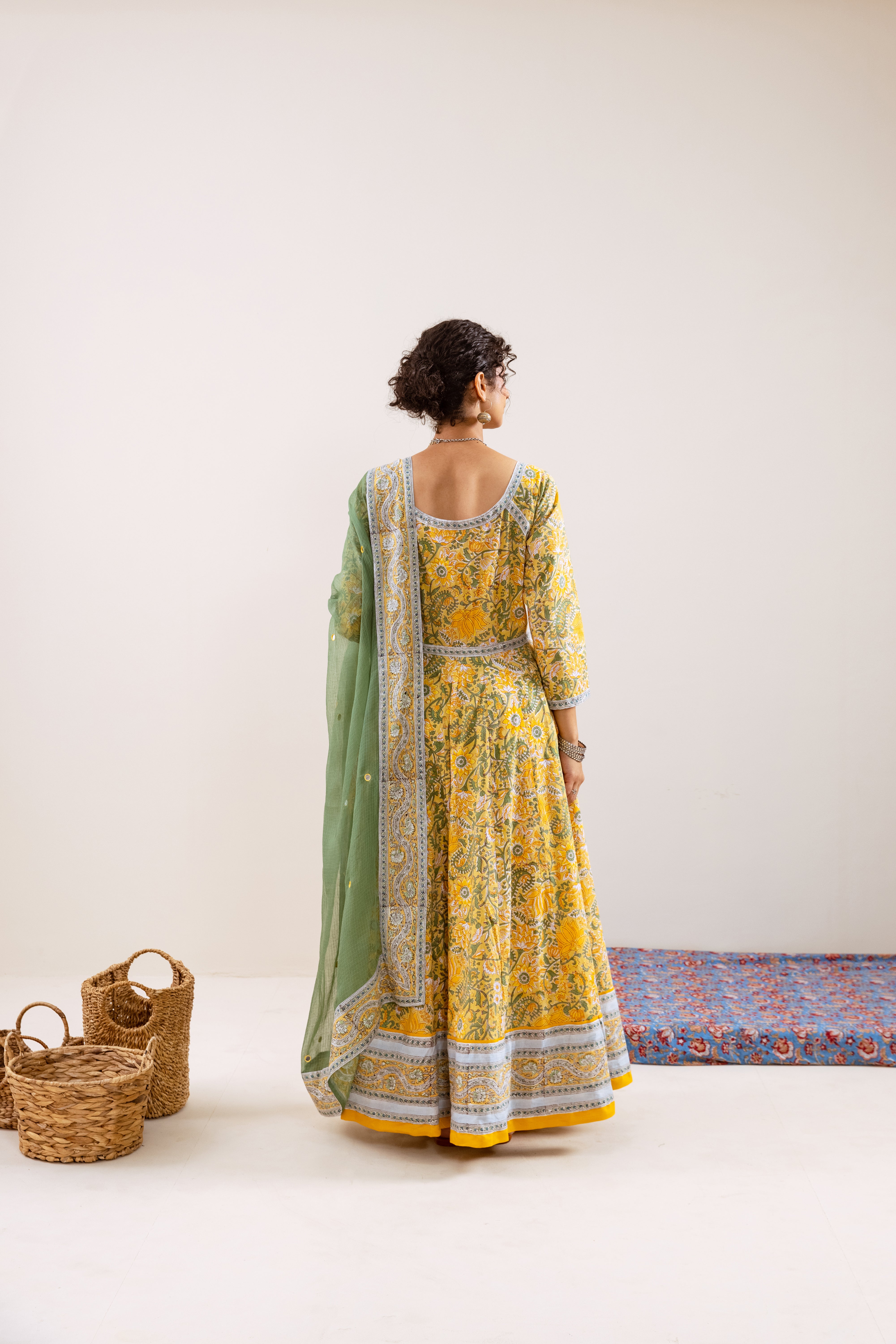 Bahara Yellow Floral Hand Block Anarkali Set