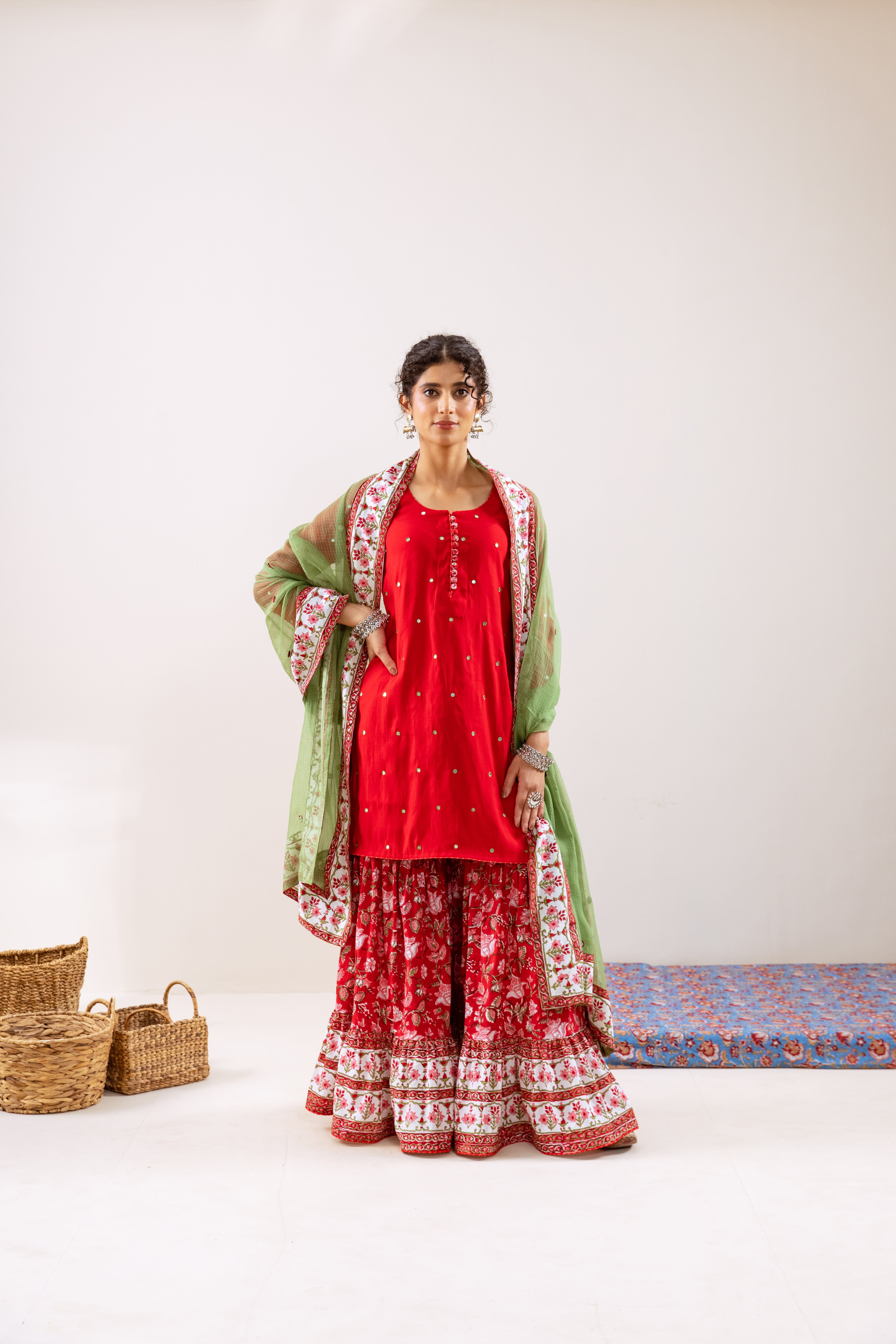 Bahara Red hand block Gharara Set