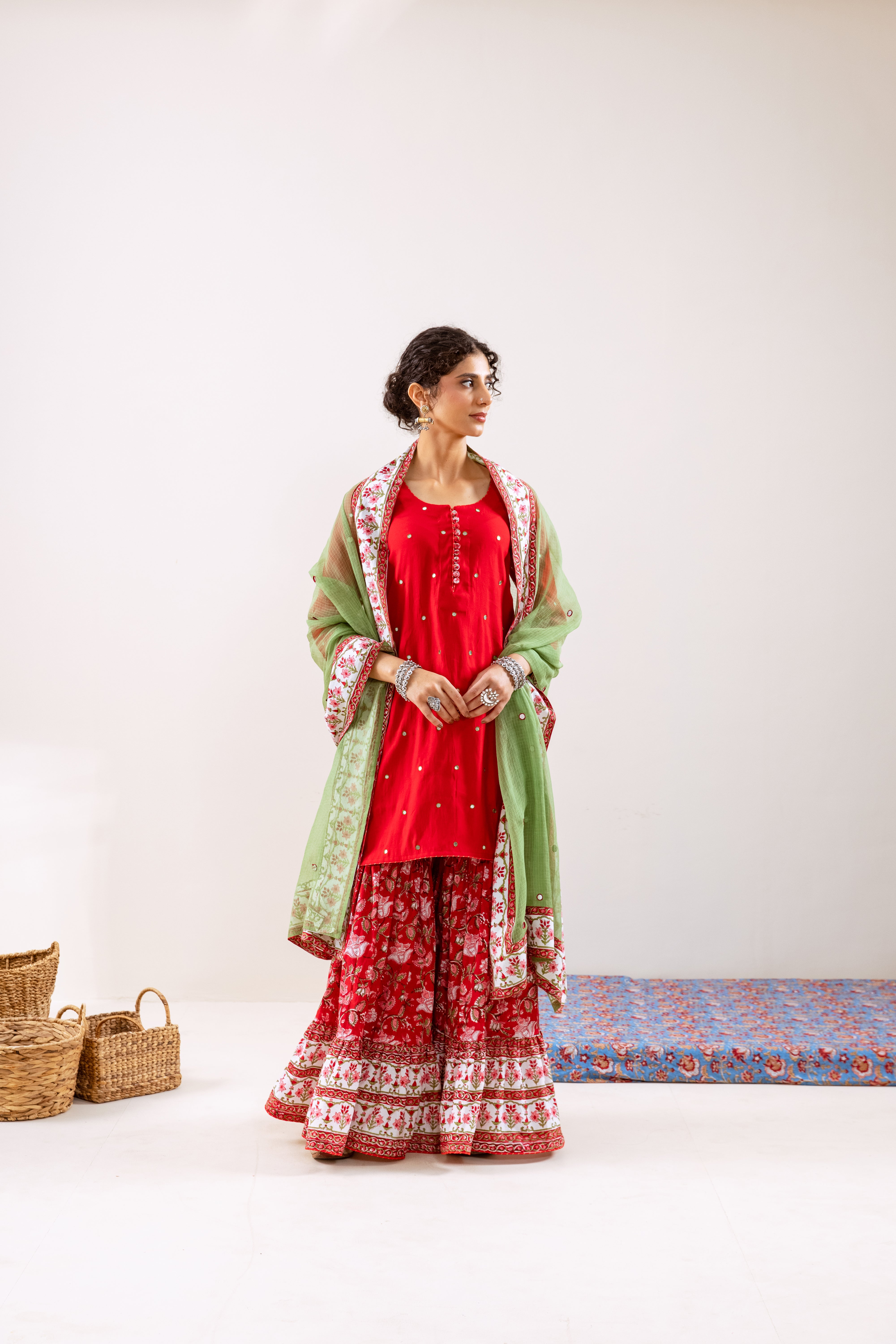 Bahara Red hand block Gharara Set
