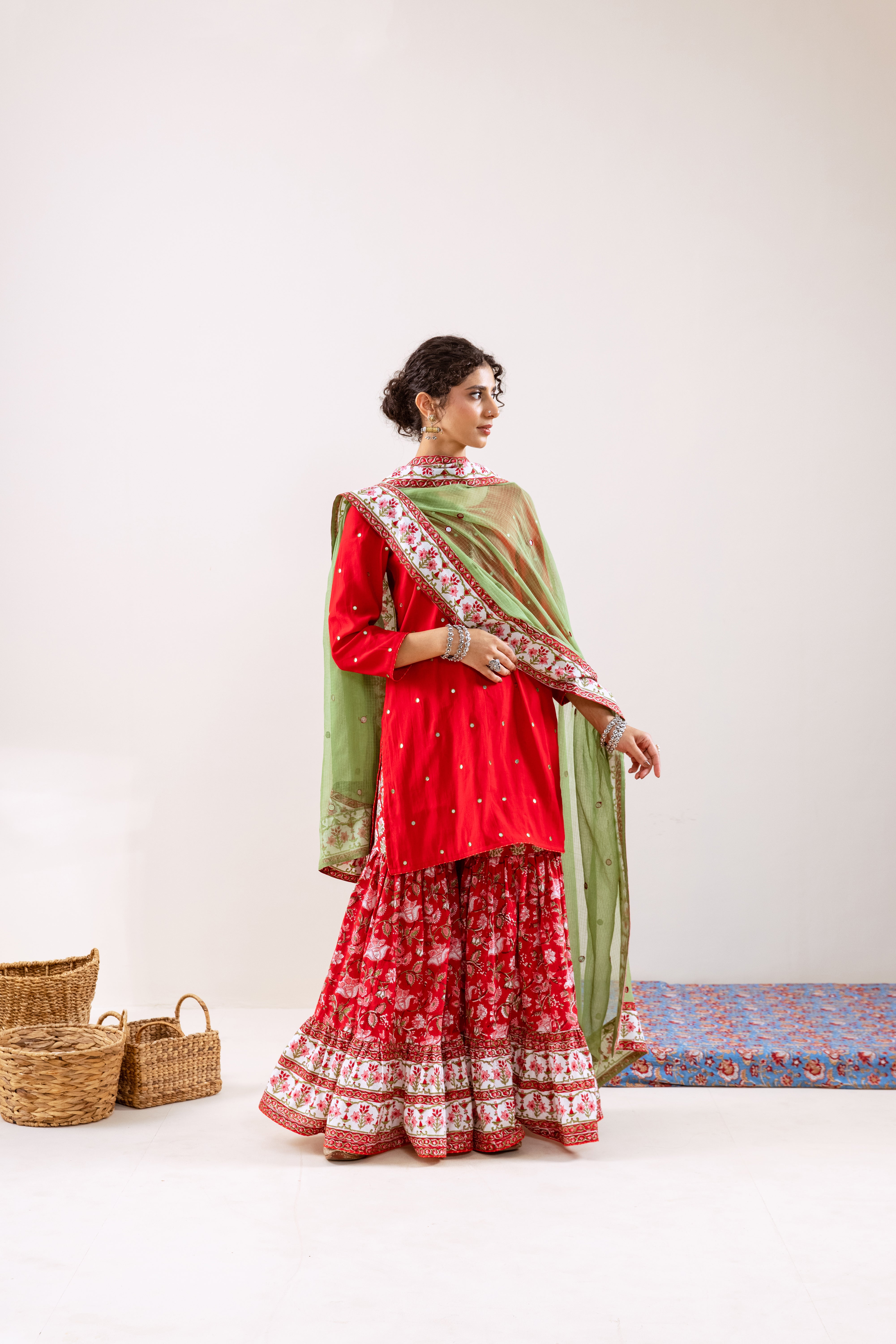 Bahara Red hand block Gharara Set