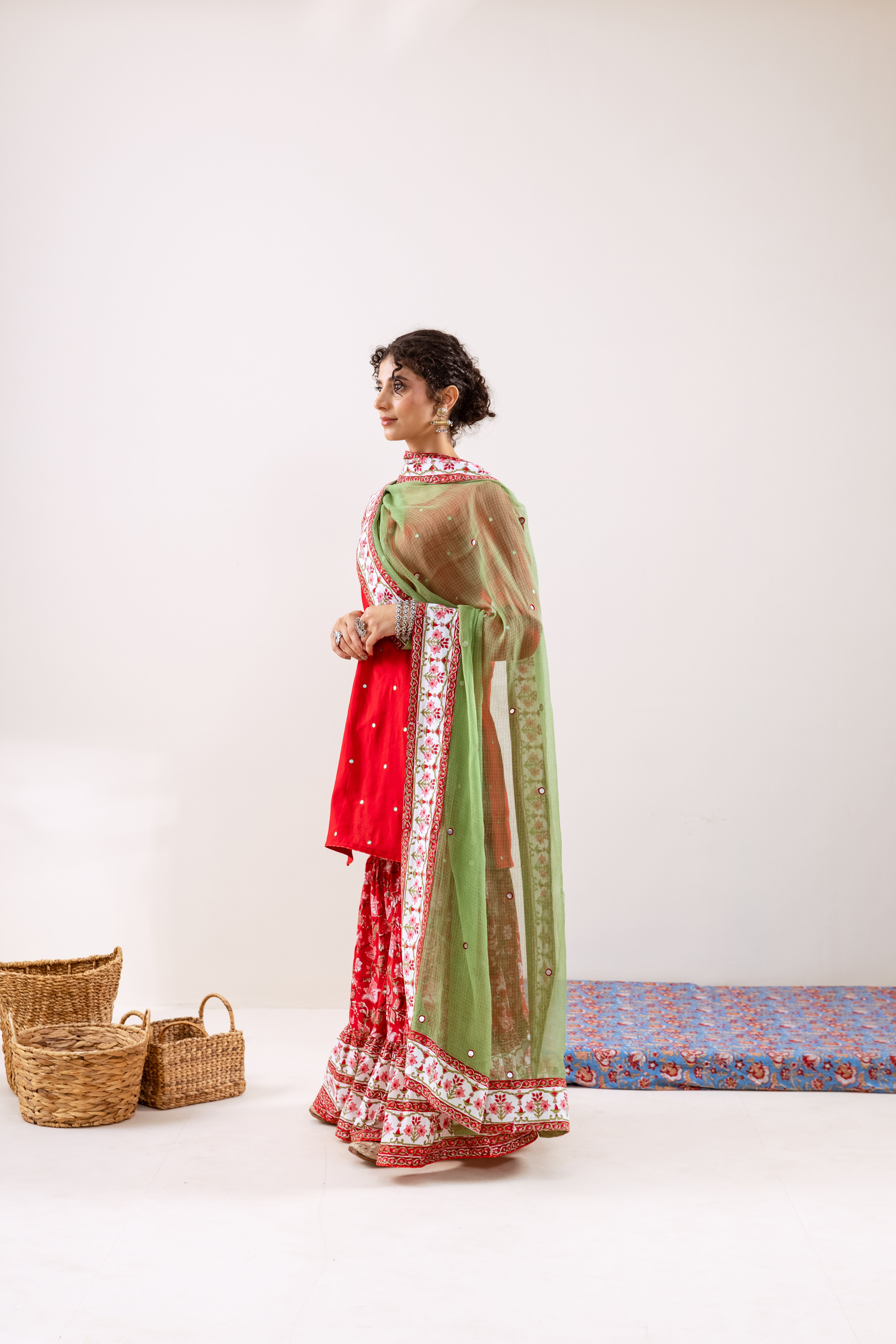 Bahara Red hand block Gharara Set