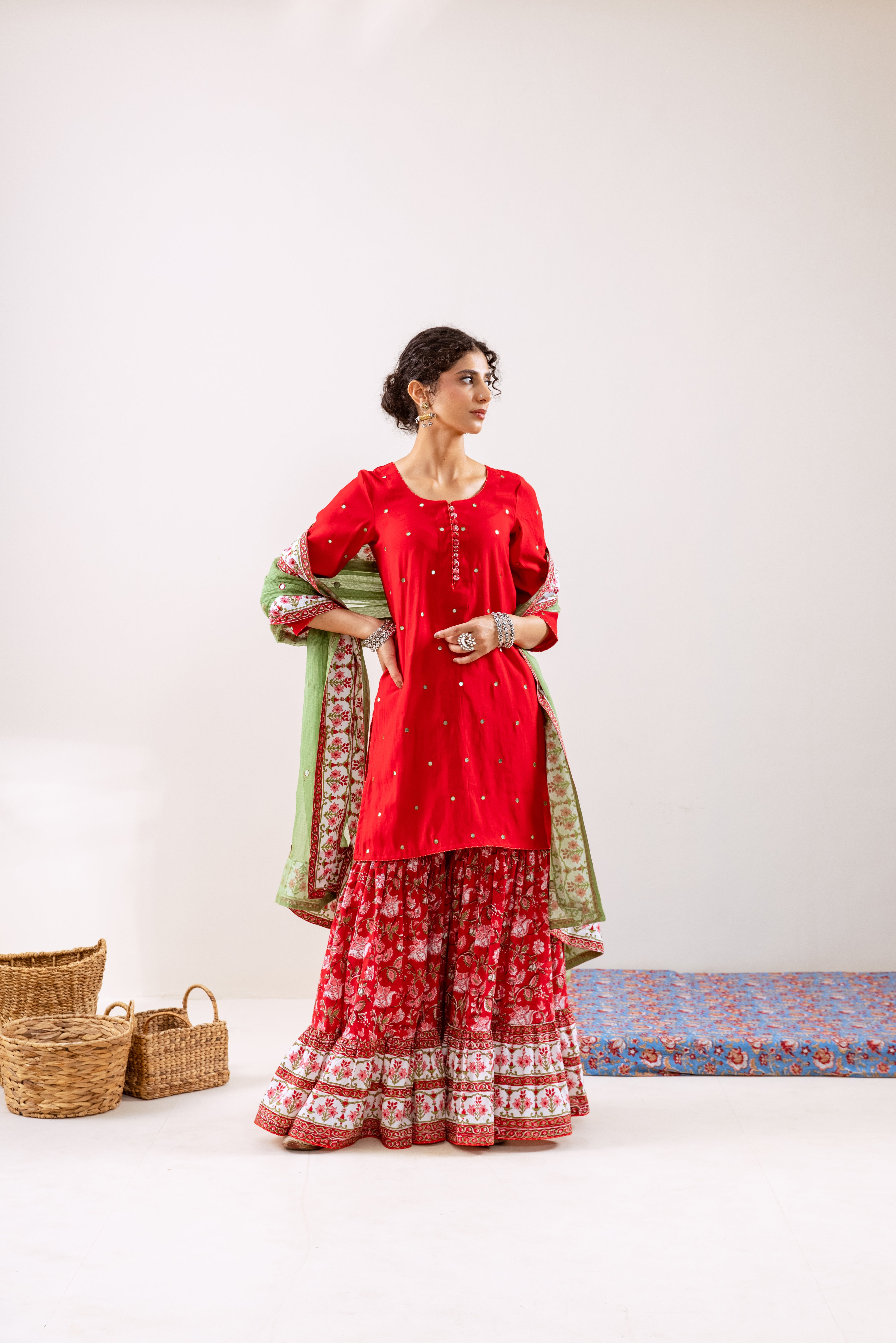Bahara Red hand block Gharara Set