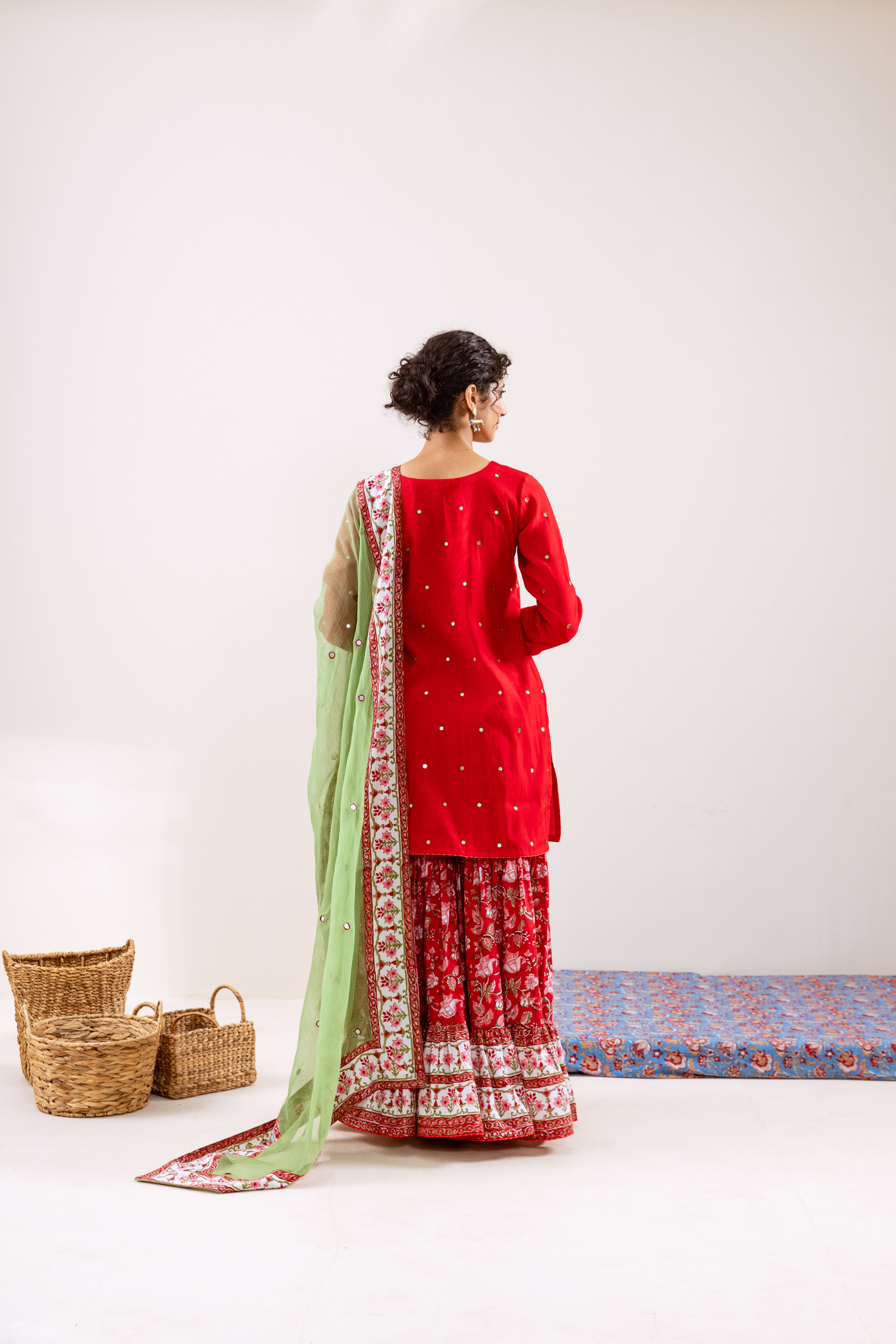 Bahara Red hand block Gharara Set