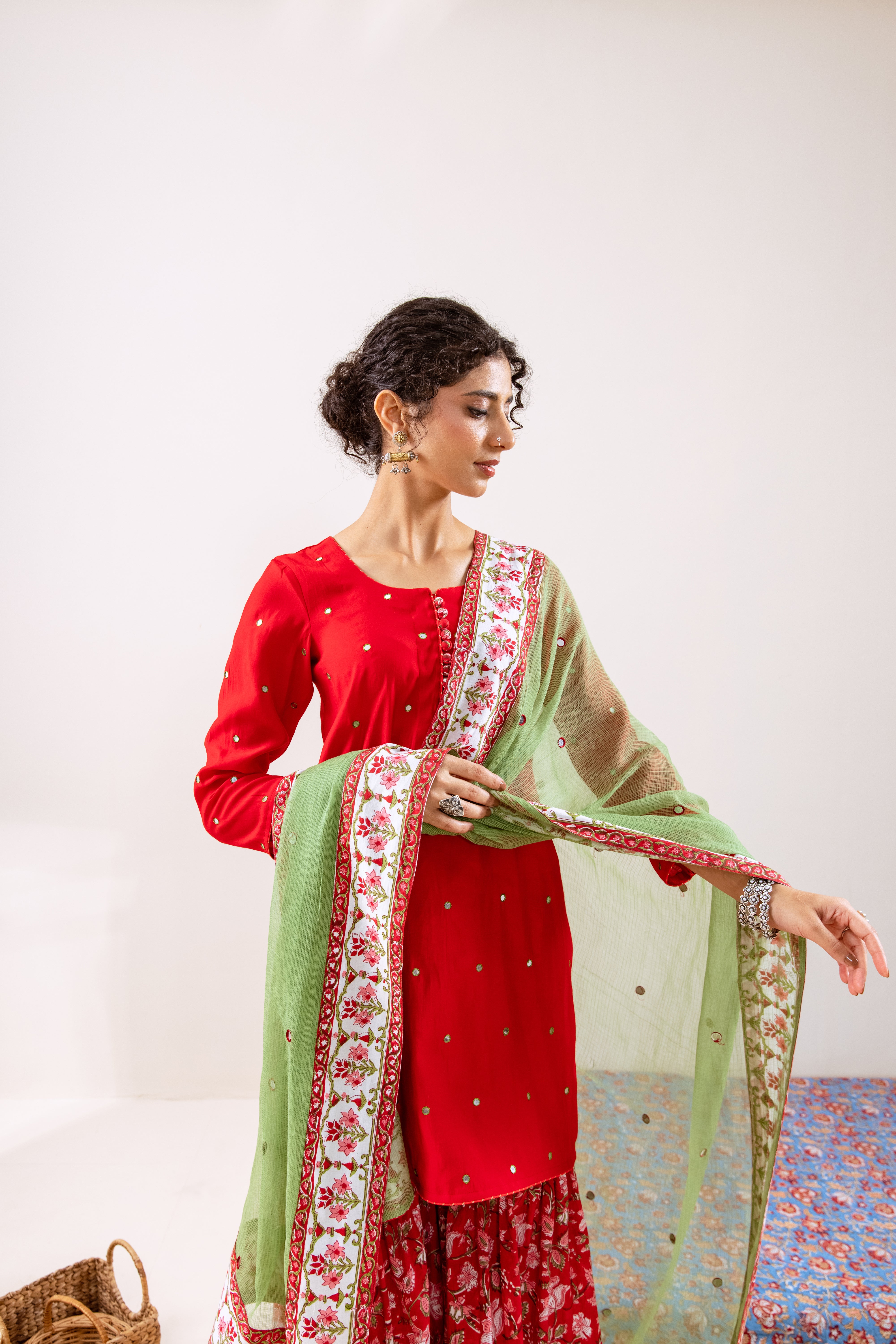 Bahara Red hand block Gharara Set