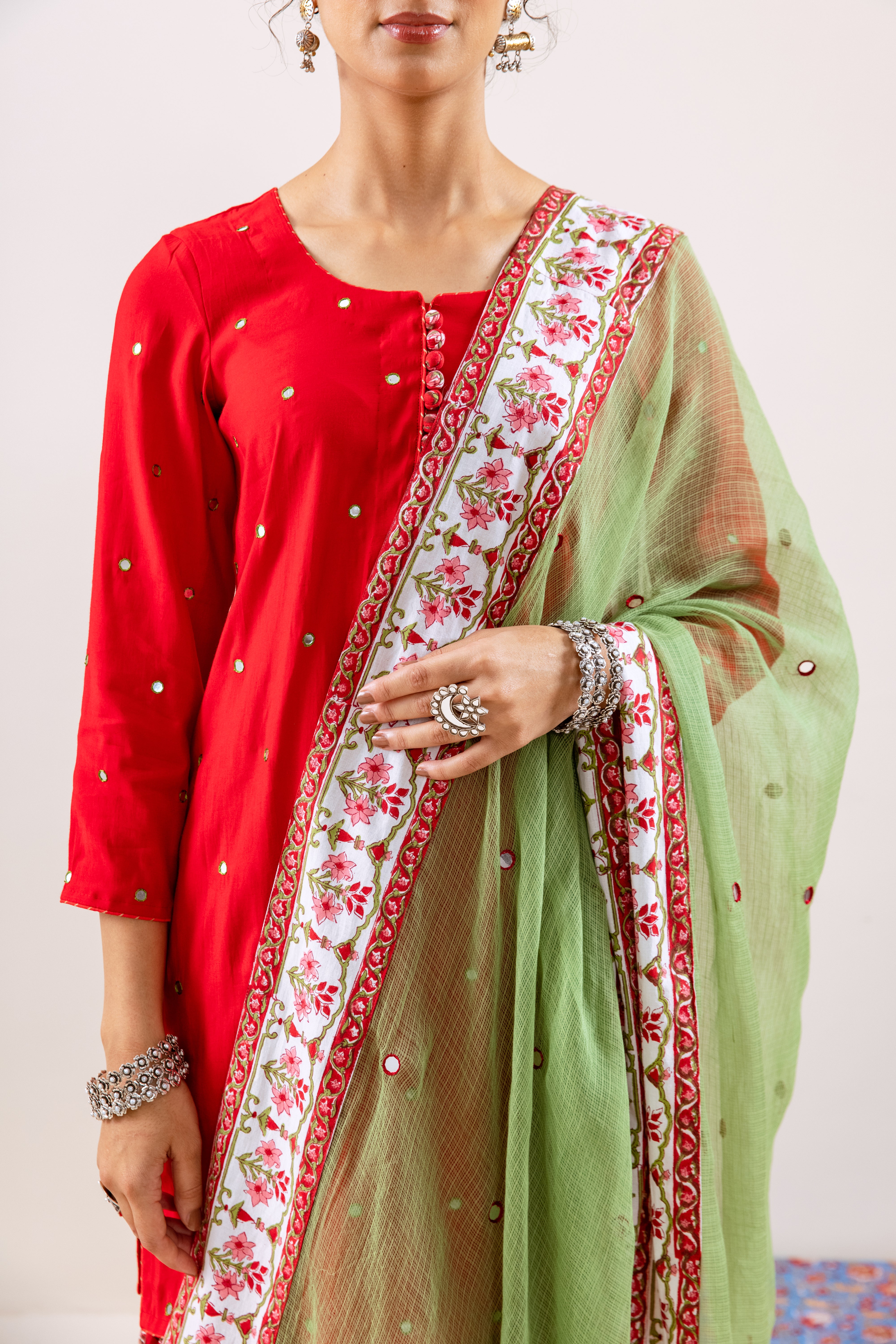 Bahara Red hand block Gharara Set