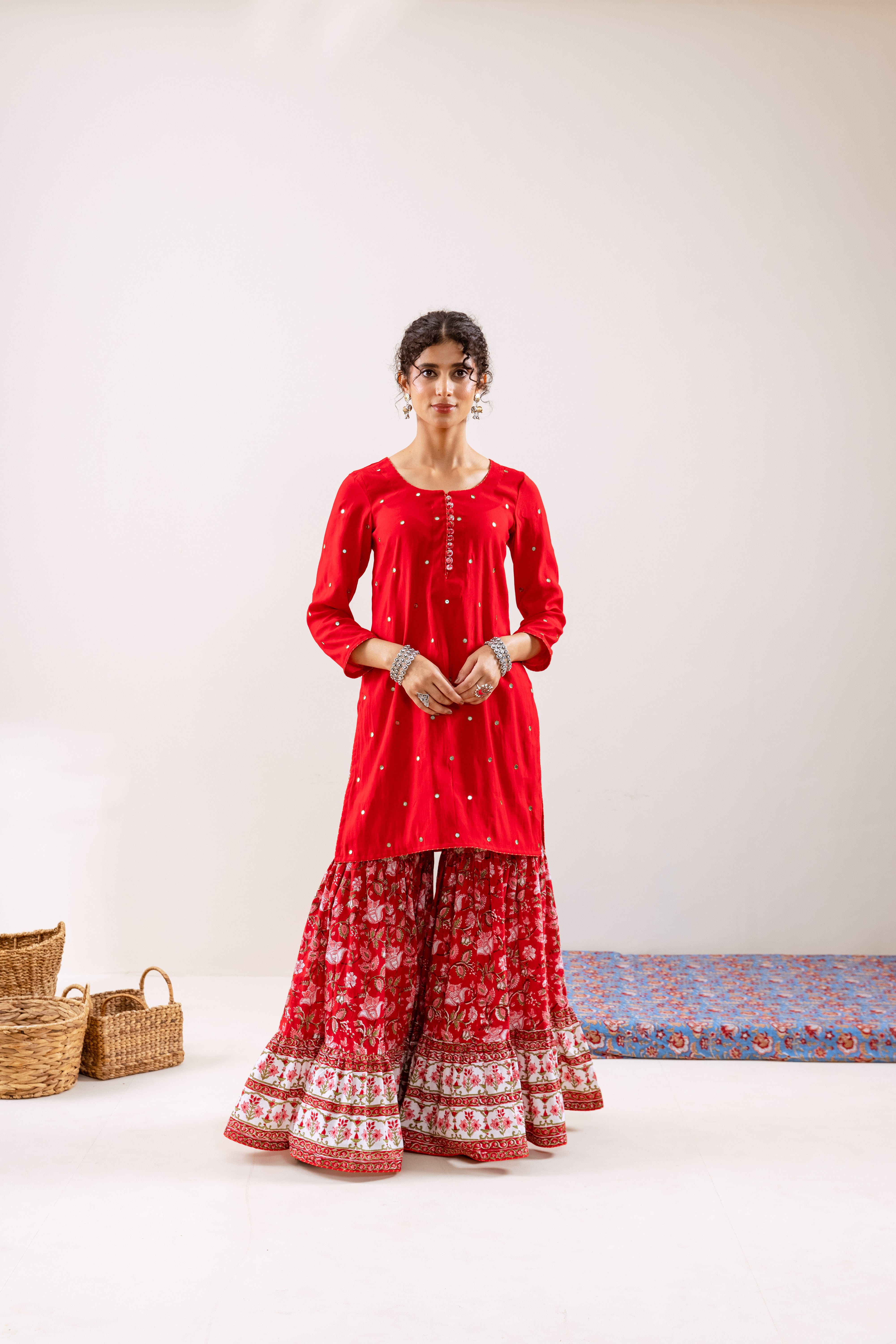 Bahara Red hand block Gharara Set