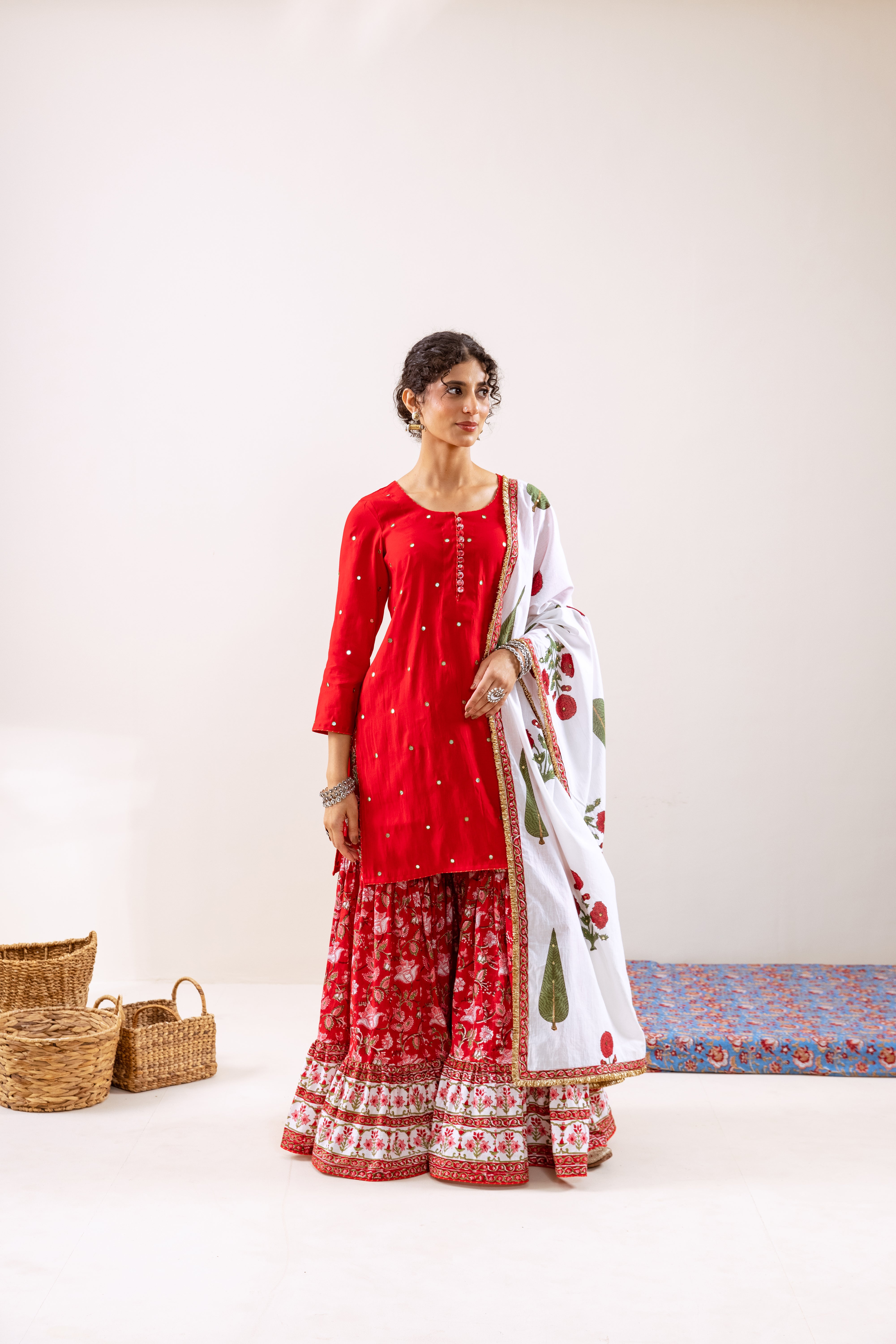 Bahara Red hand block Gharara Set (motif Dupatta)