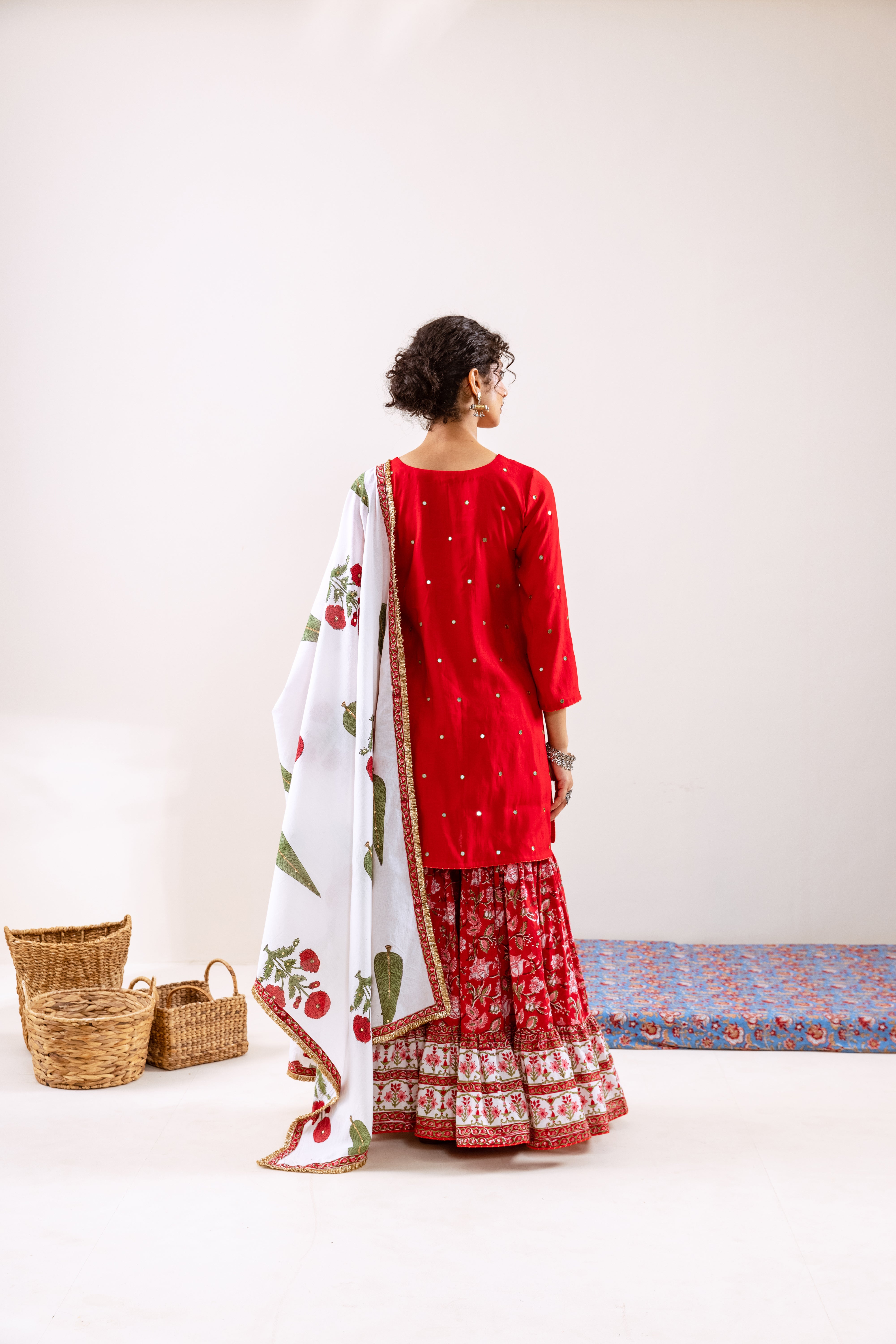 Bahara Red hand block Gharara Set (motif Dupatta)