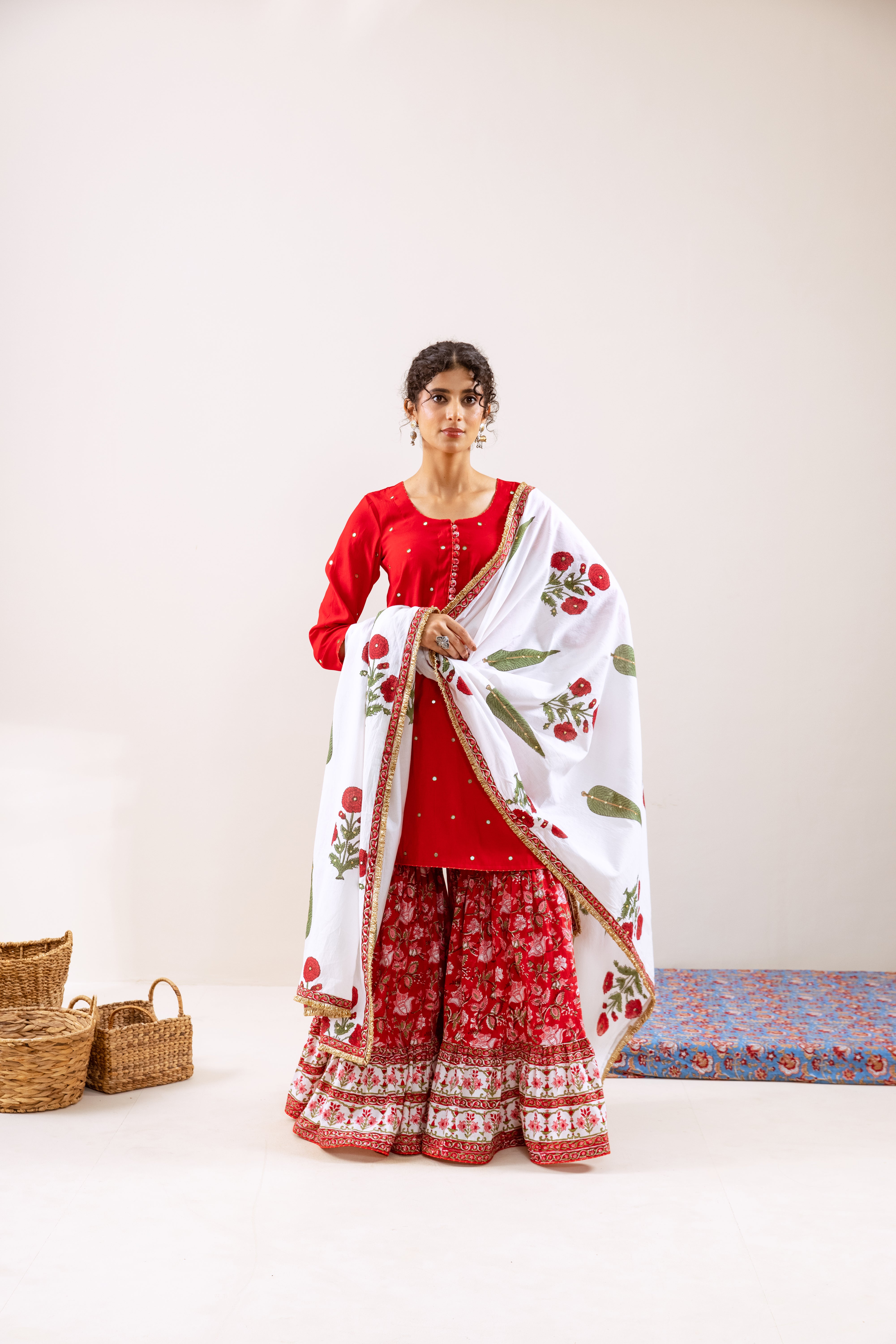 Bahara Red hand block Gharara Set (motif Dupatta)