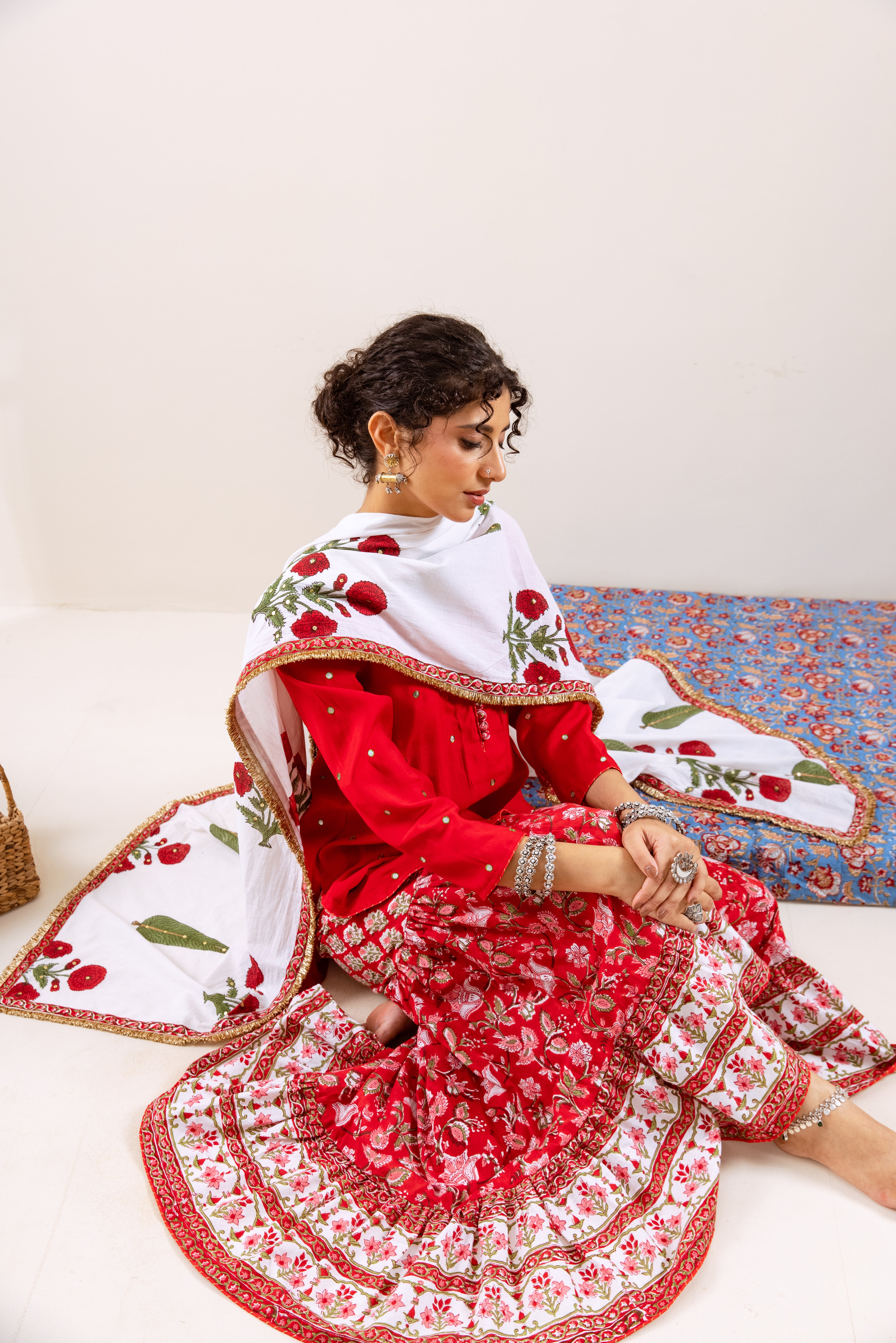 Bahara Red hand block Gharara Set (motif Dupatta)