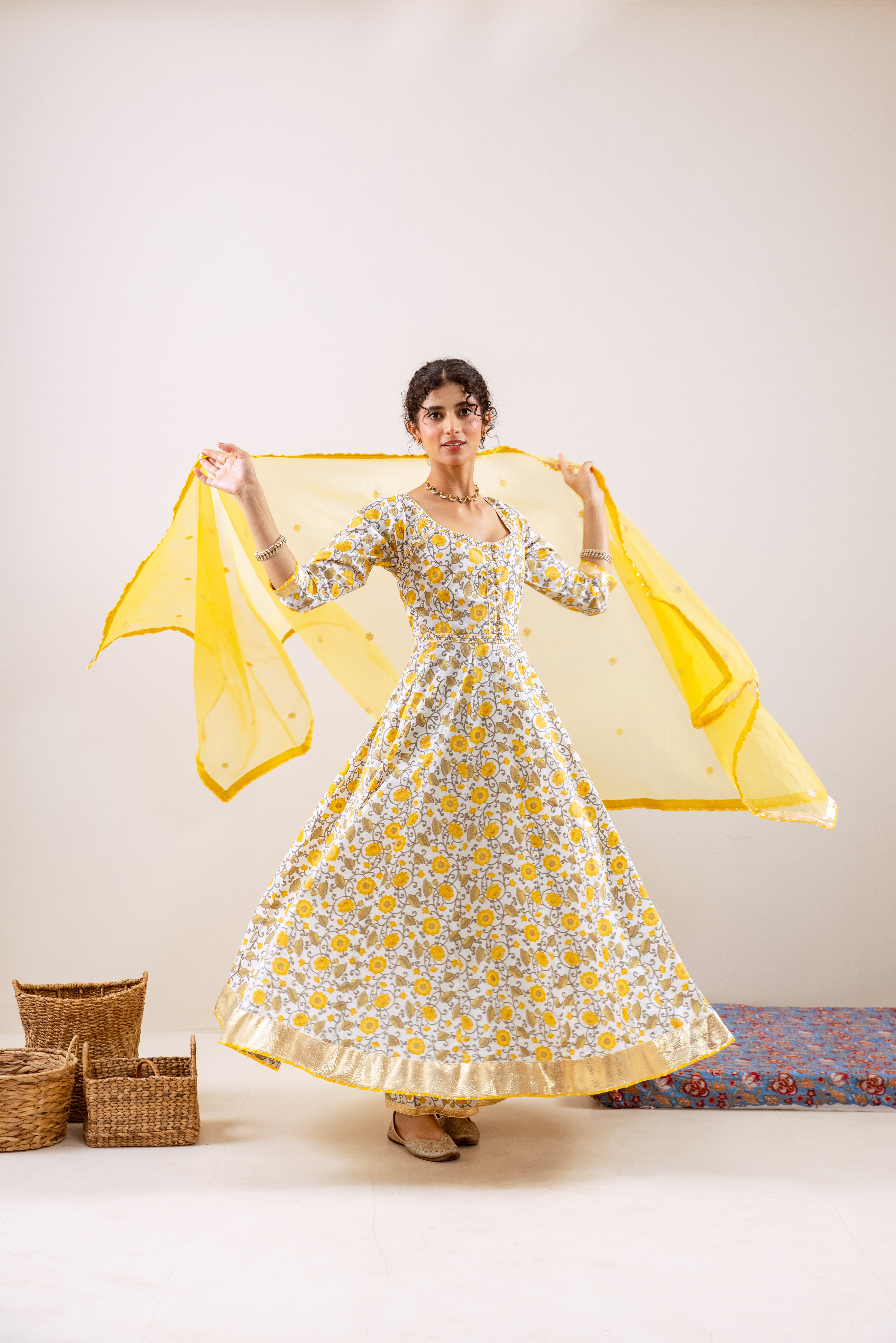 Bahara Yellow Floral Anarkali Set