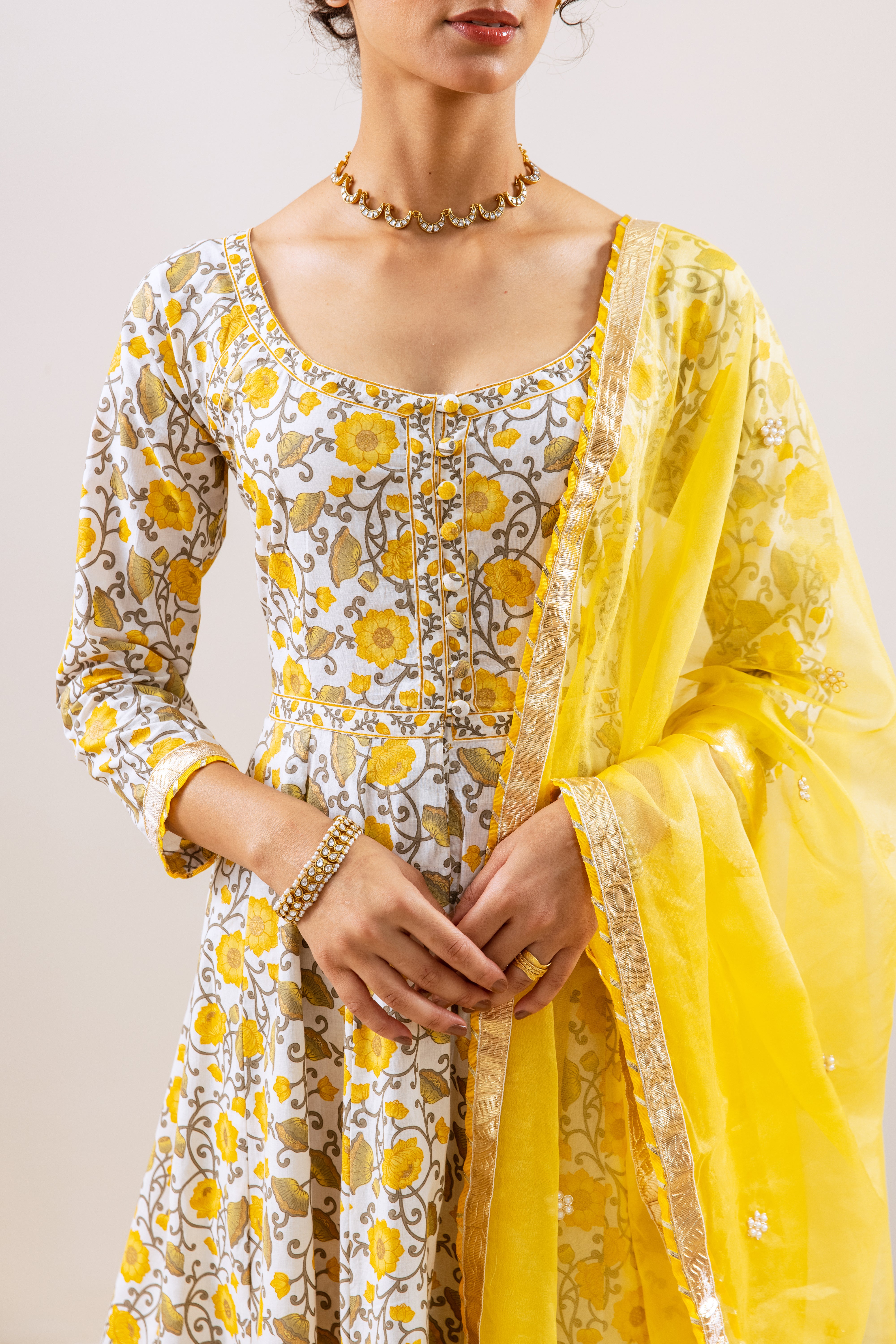 Bahara Yellow Floral Anarkali Set