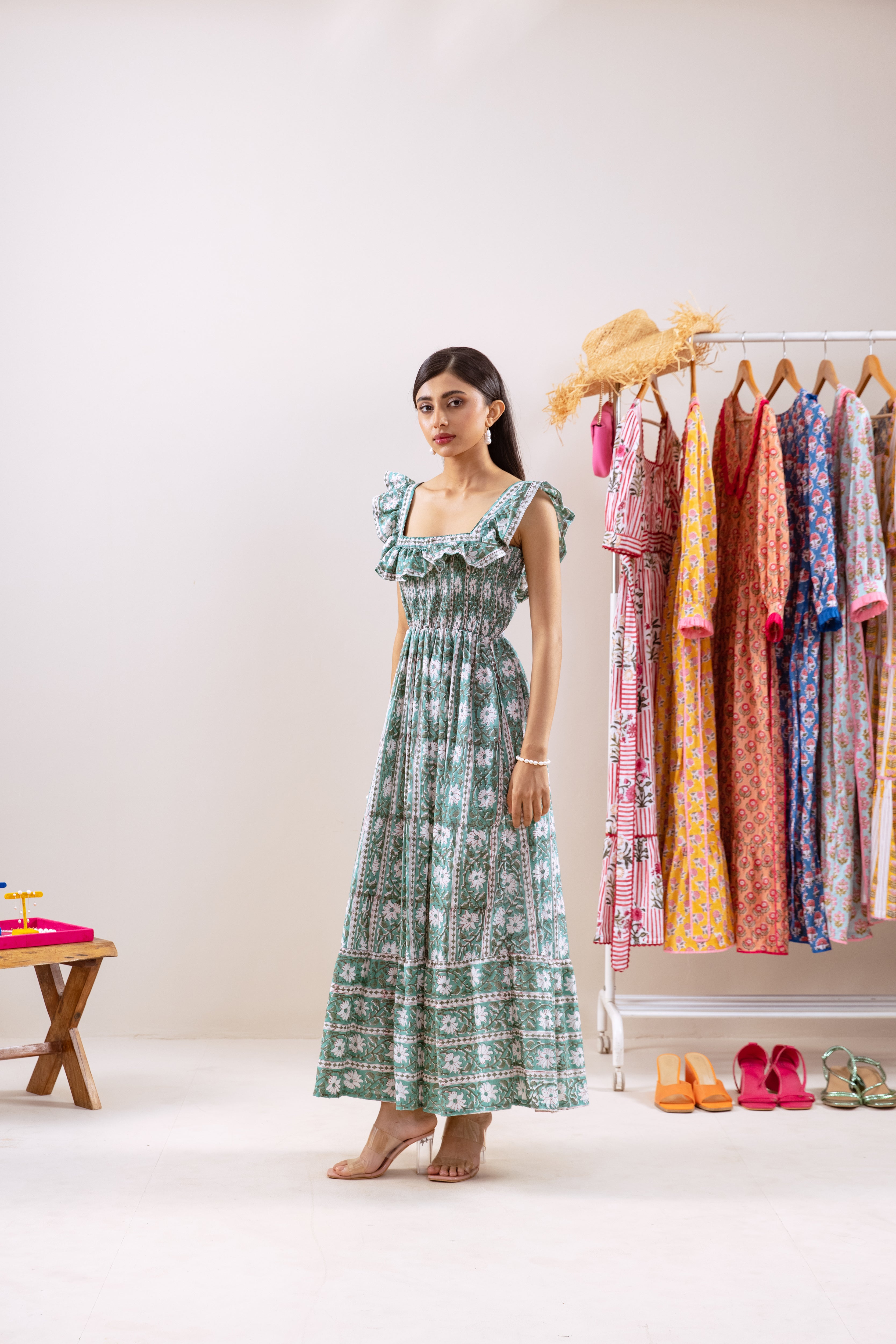 Green Parcha smocked waist dress