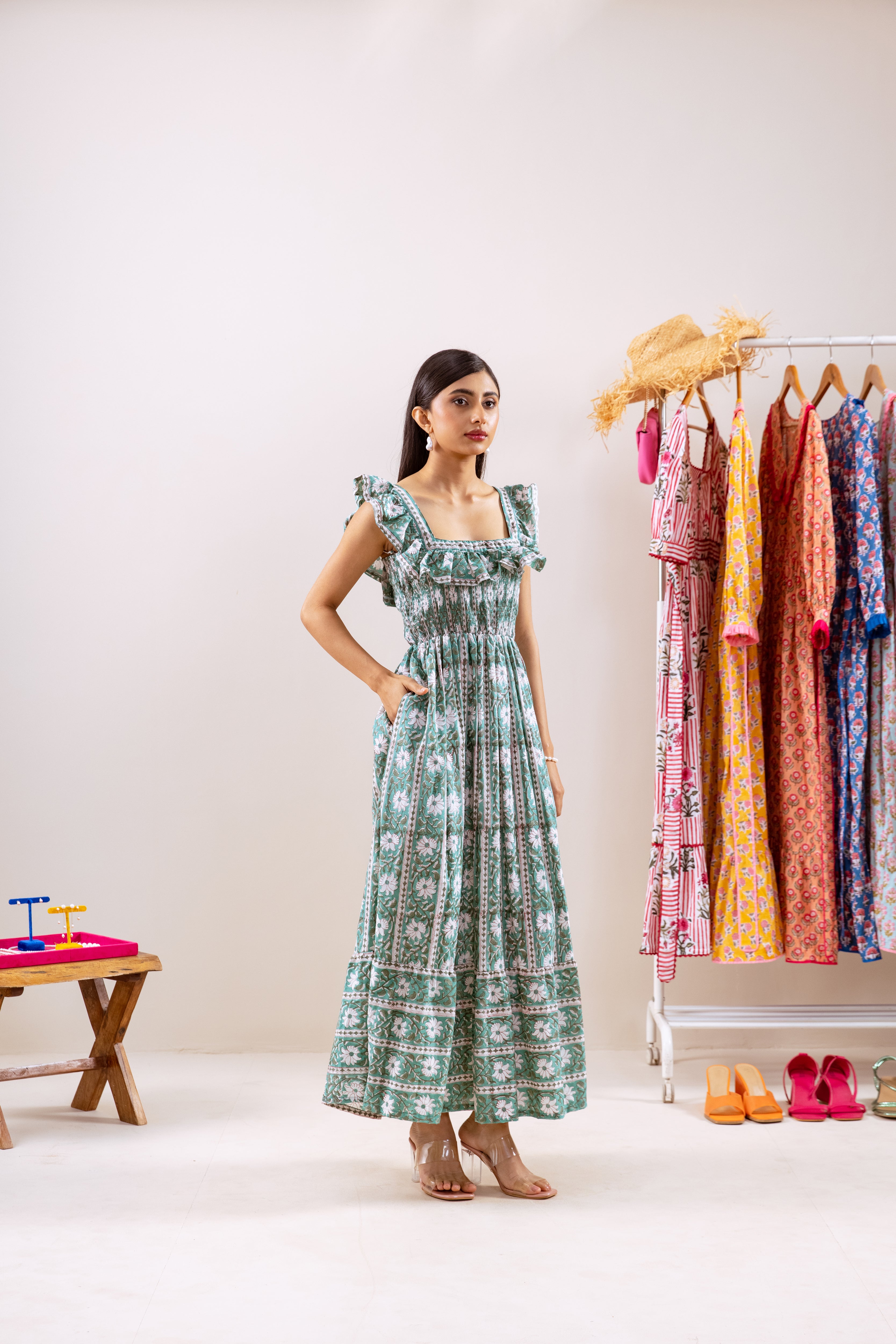 Green Parcha smocked waist dress