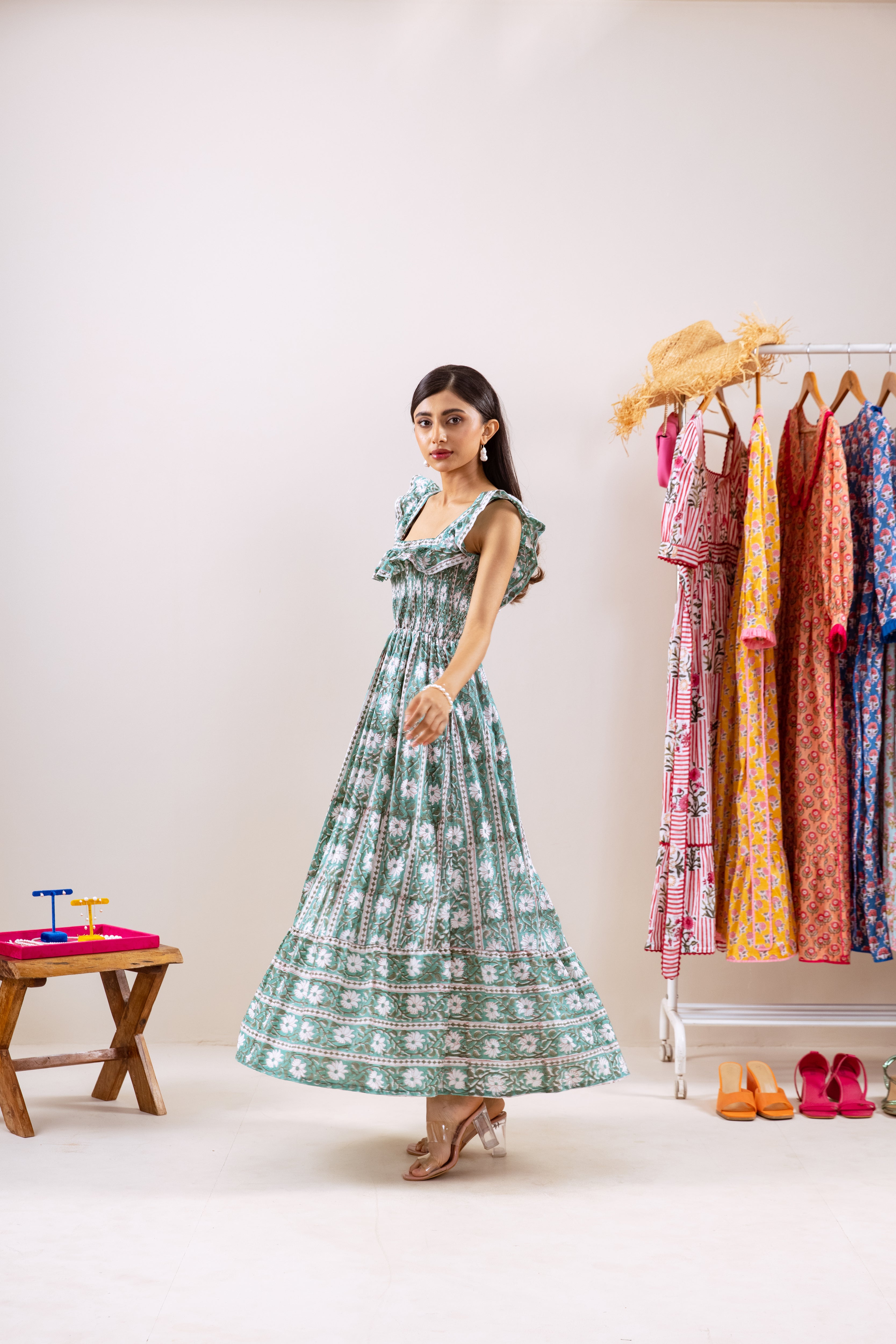 Green Parcha smocked waist dress