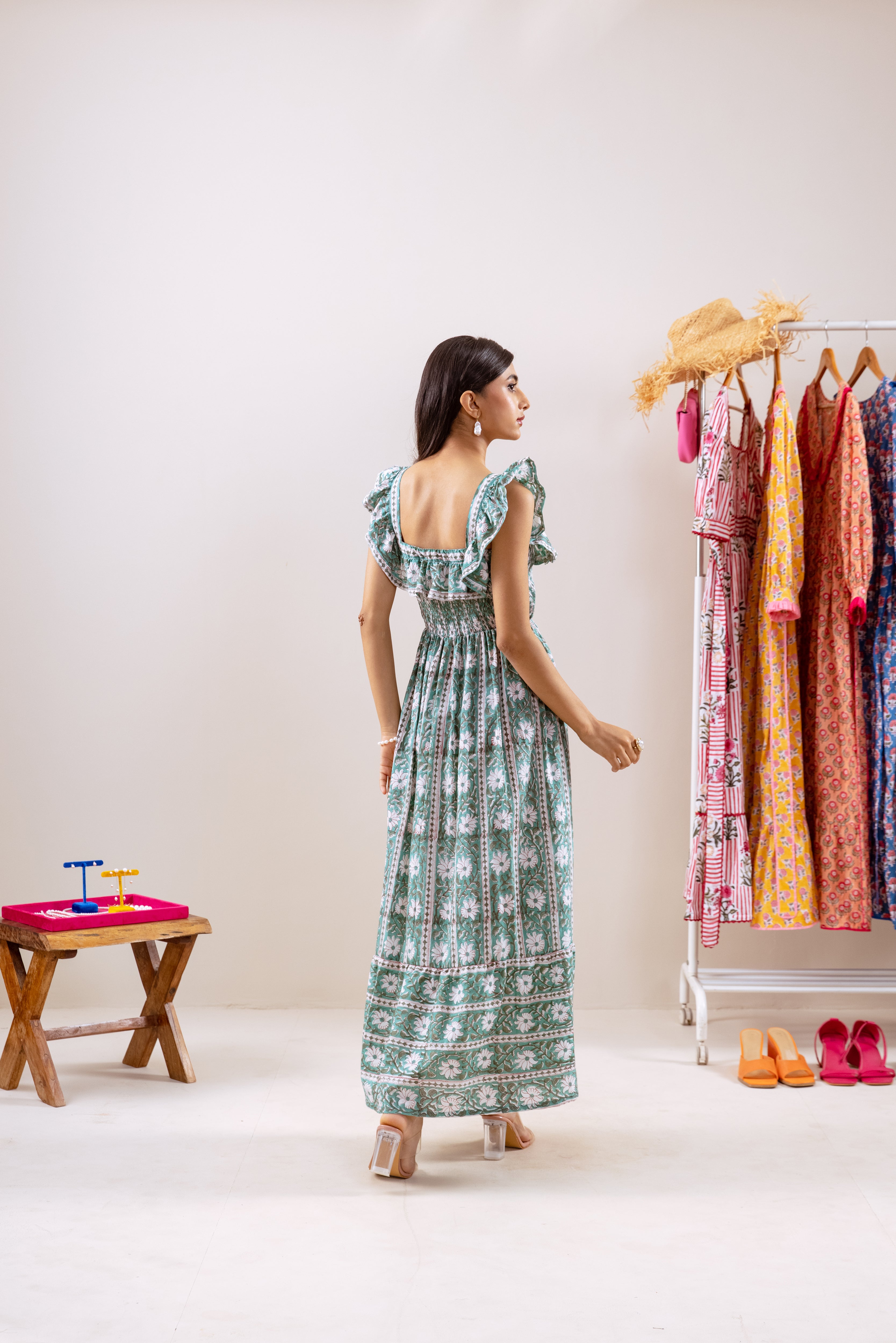 Green Parcha smocked waist dress