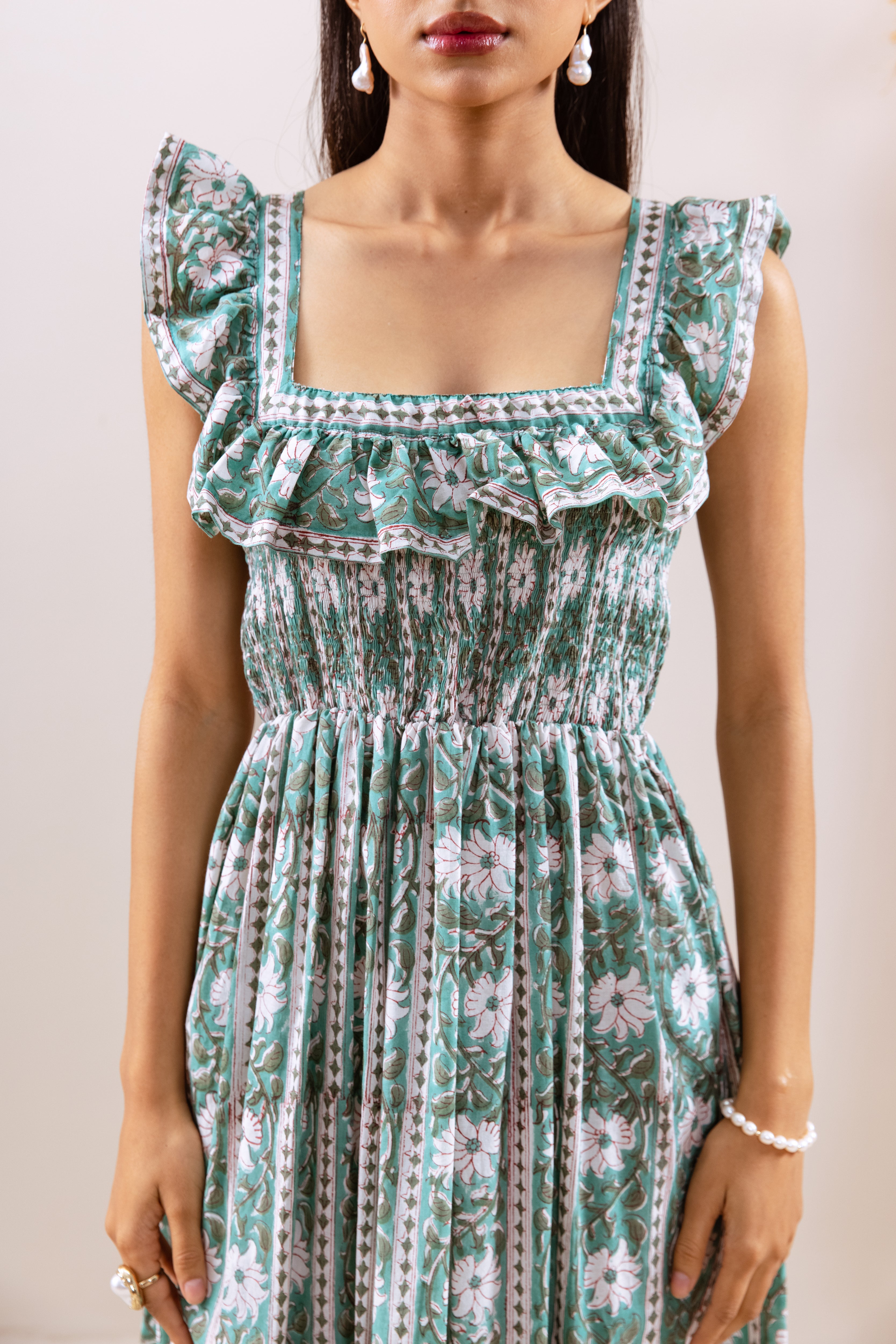 Green Parcha smocked waist dress