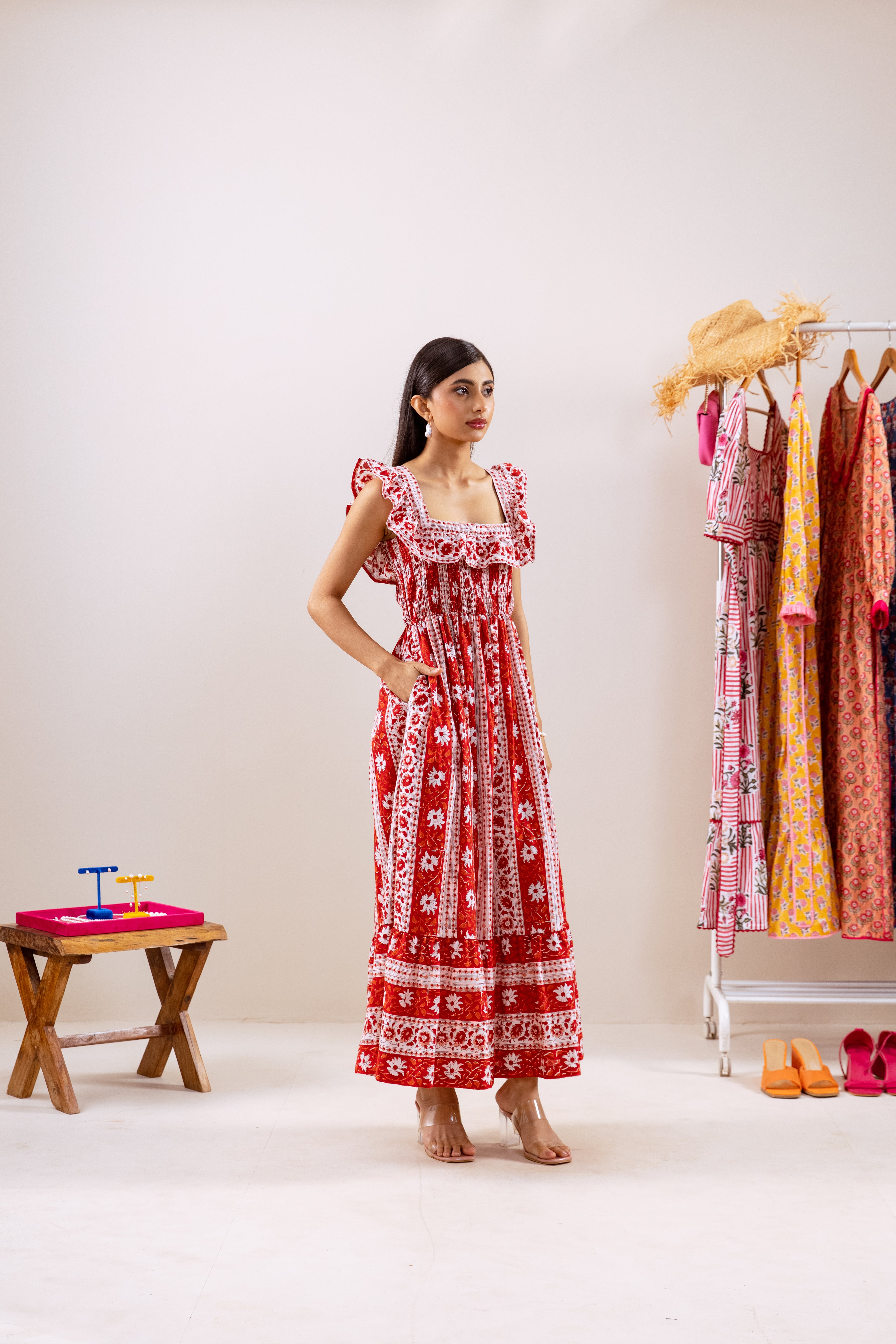 Red Parcha smocked waist dress