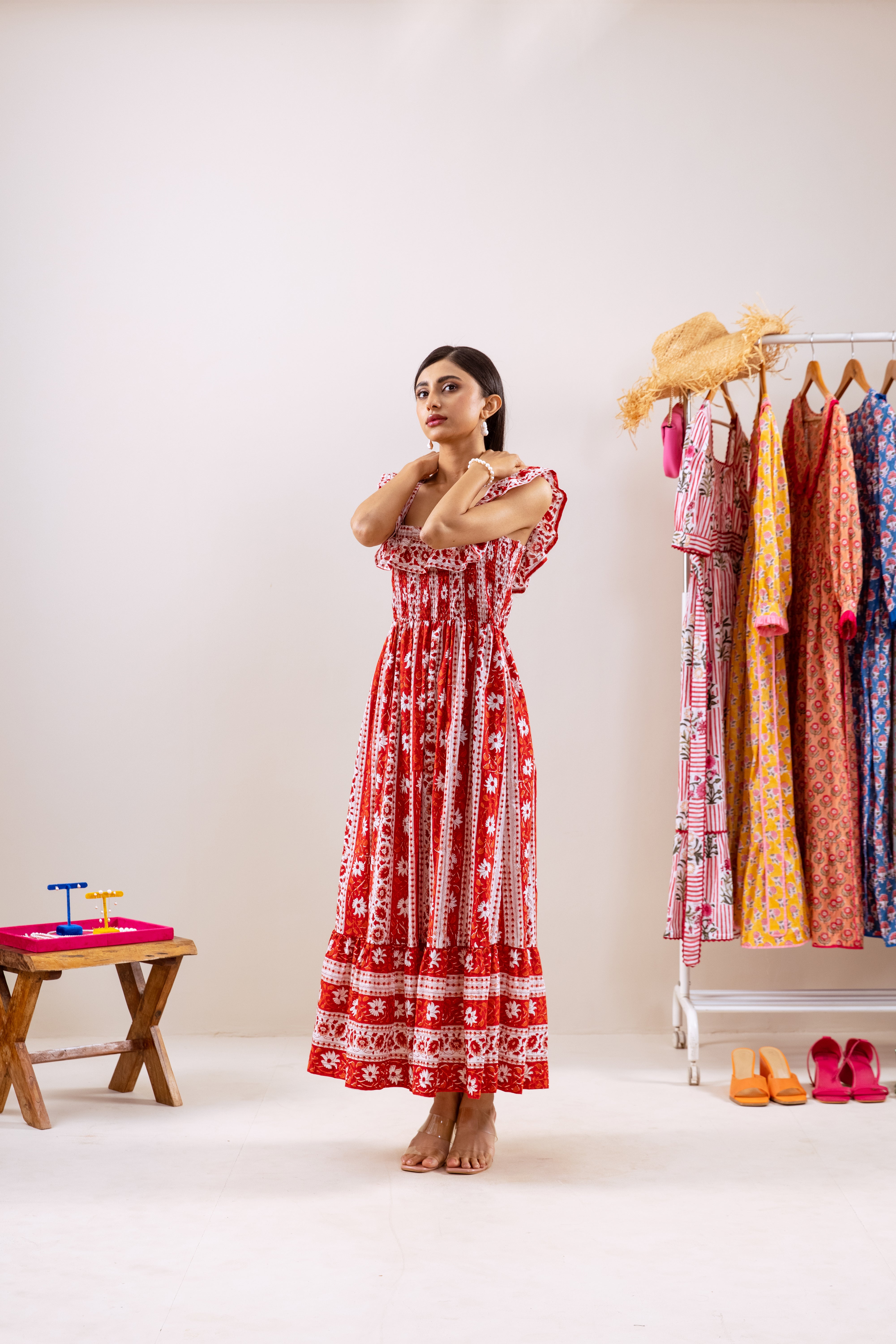 Red Parcha smocked waist dress