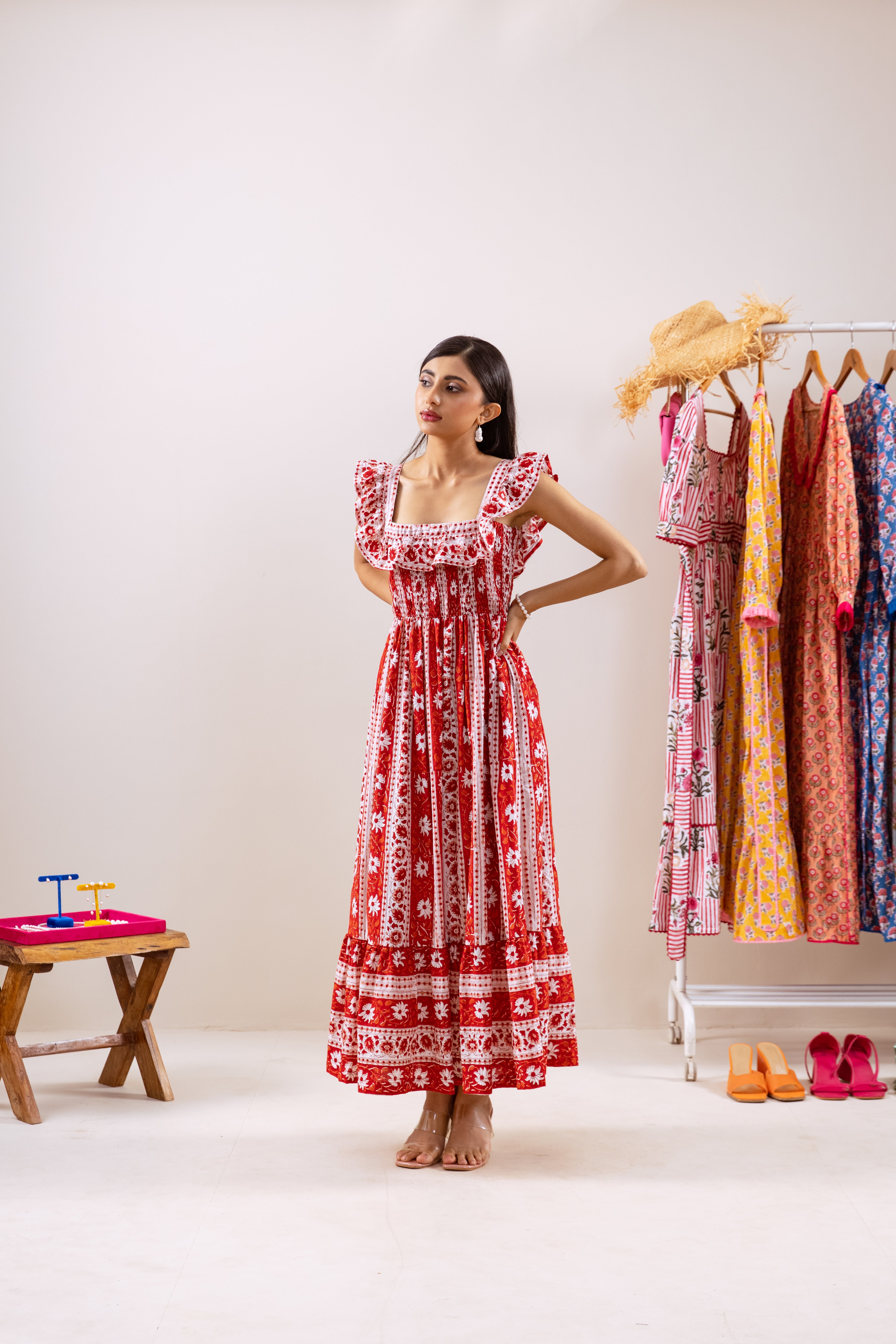Red Parcha smocked waist dress
