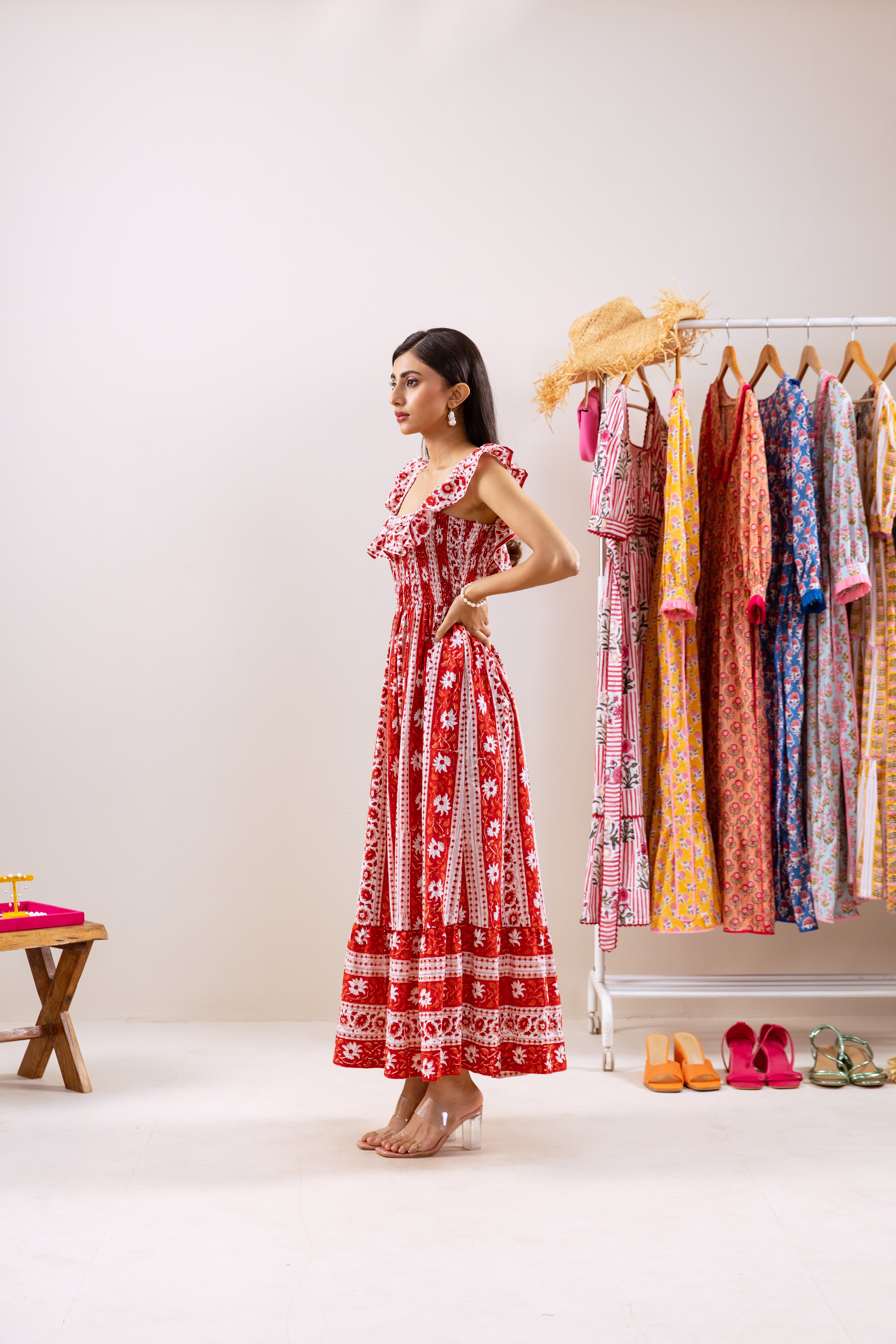 Red Parcha smocked waist dress