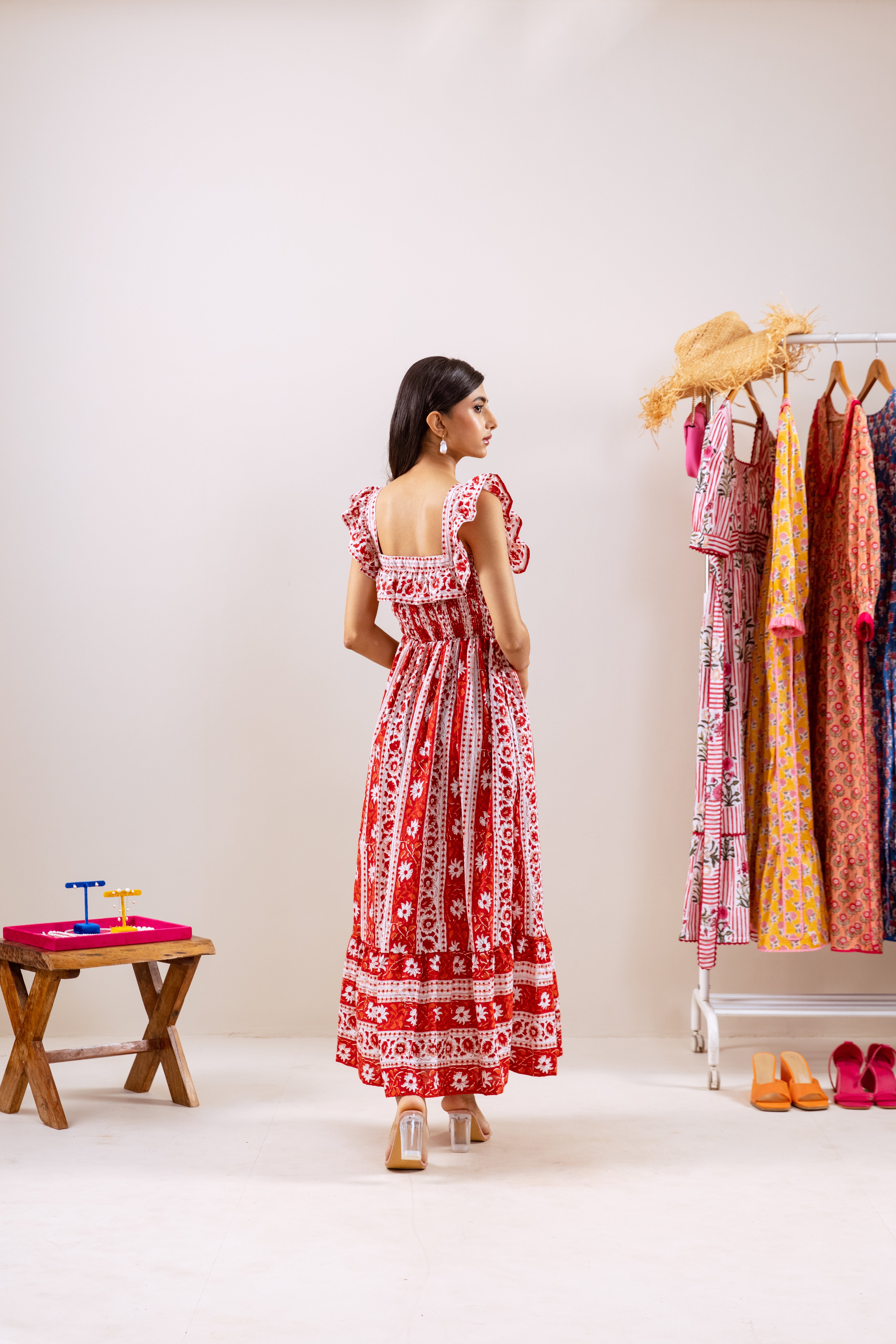 Red Parcha smocked waist dress