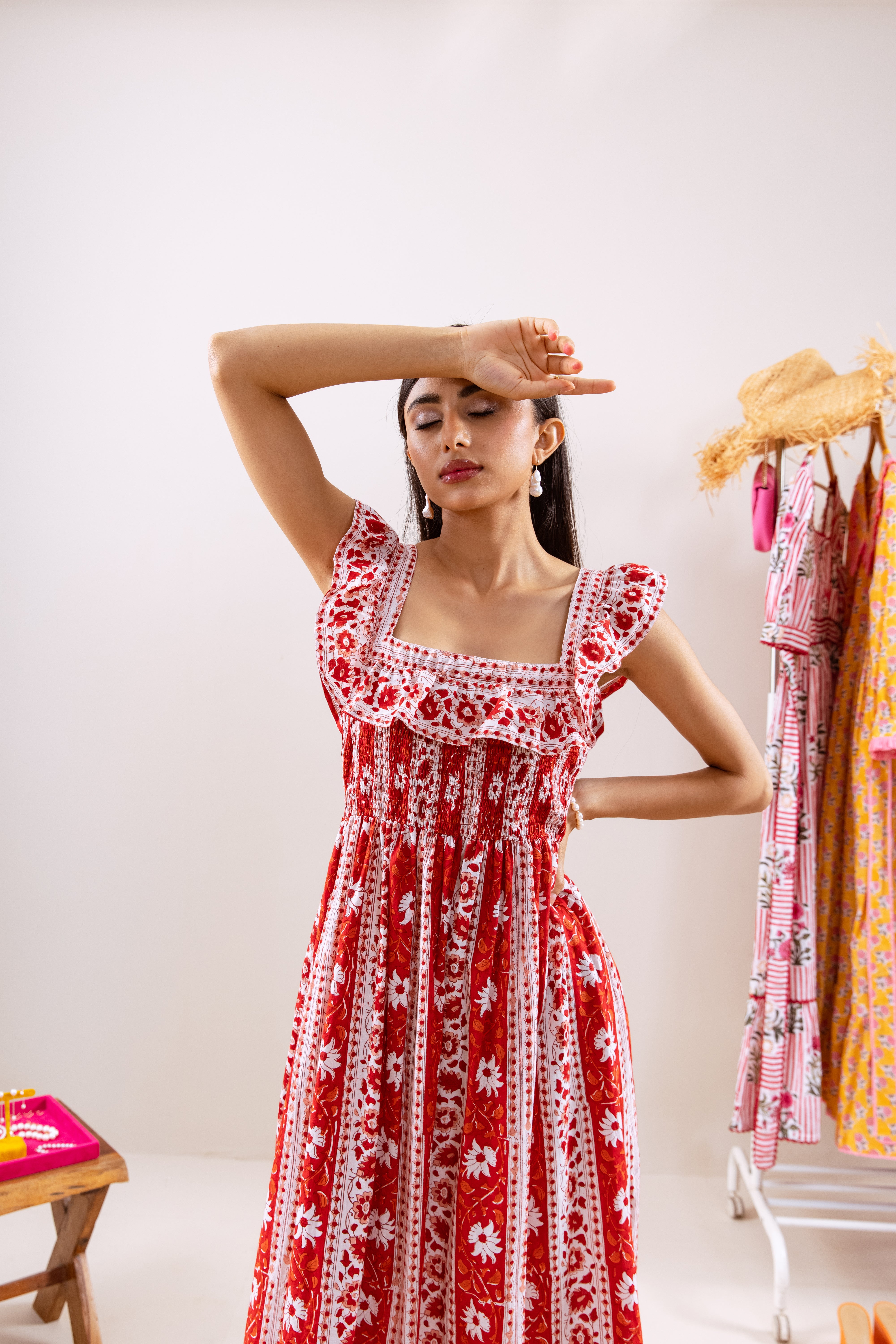 Red Parcha smocked waist dress