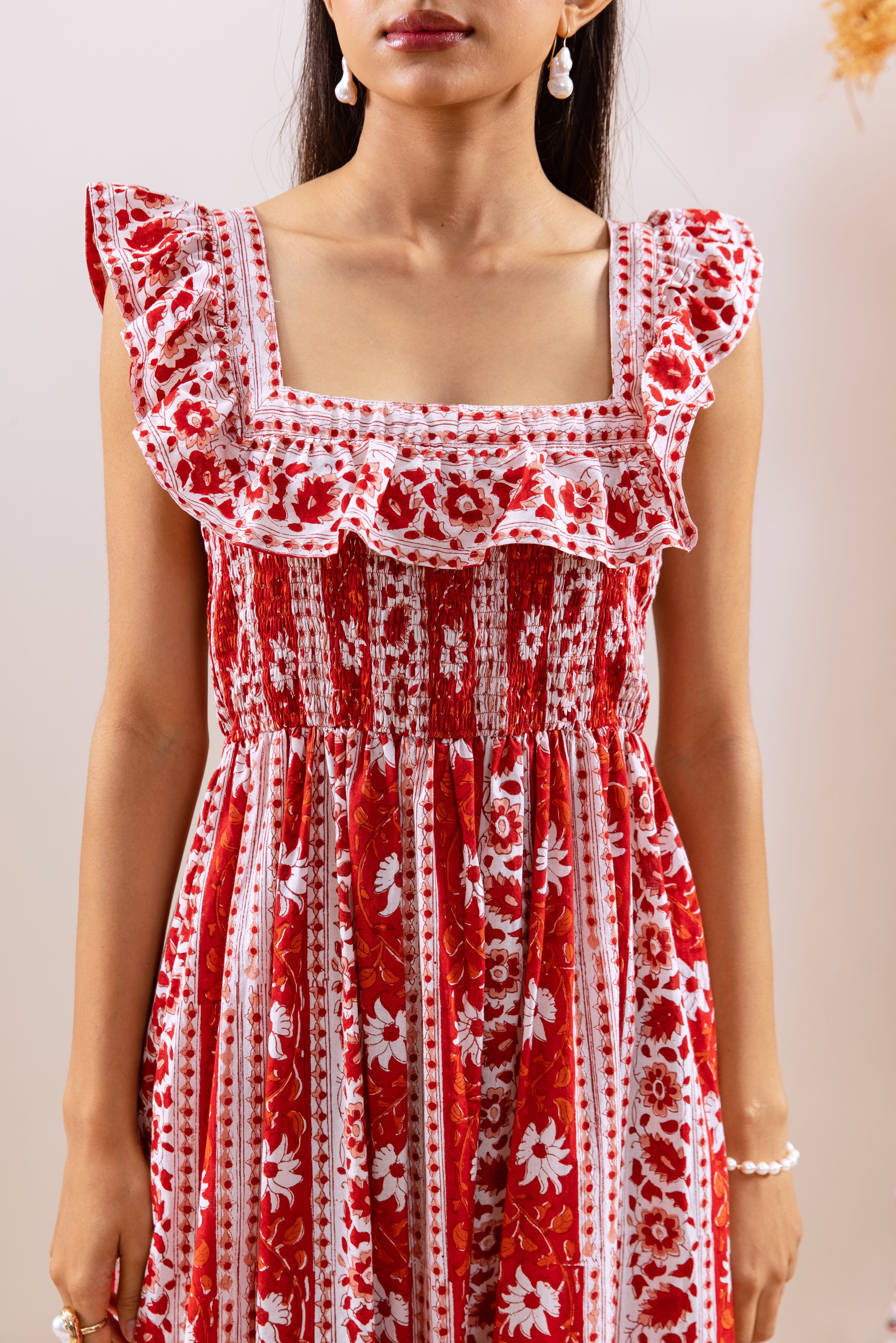 Red Parcha smocked waist dress