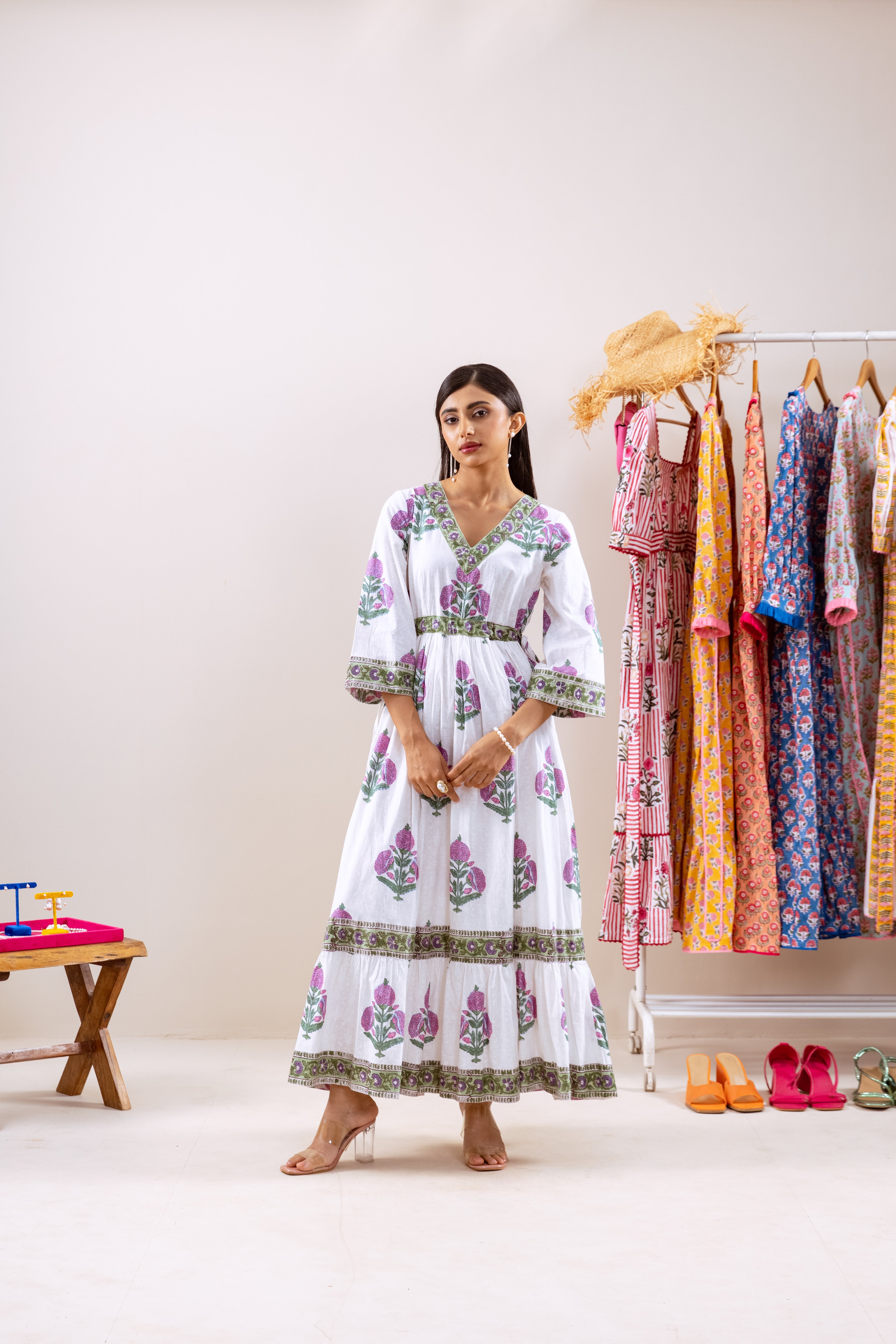 Purple motif frill dress