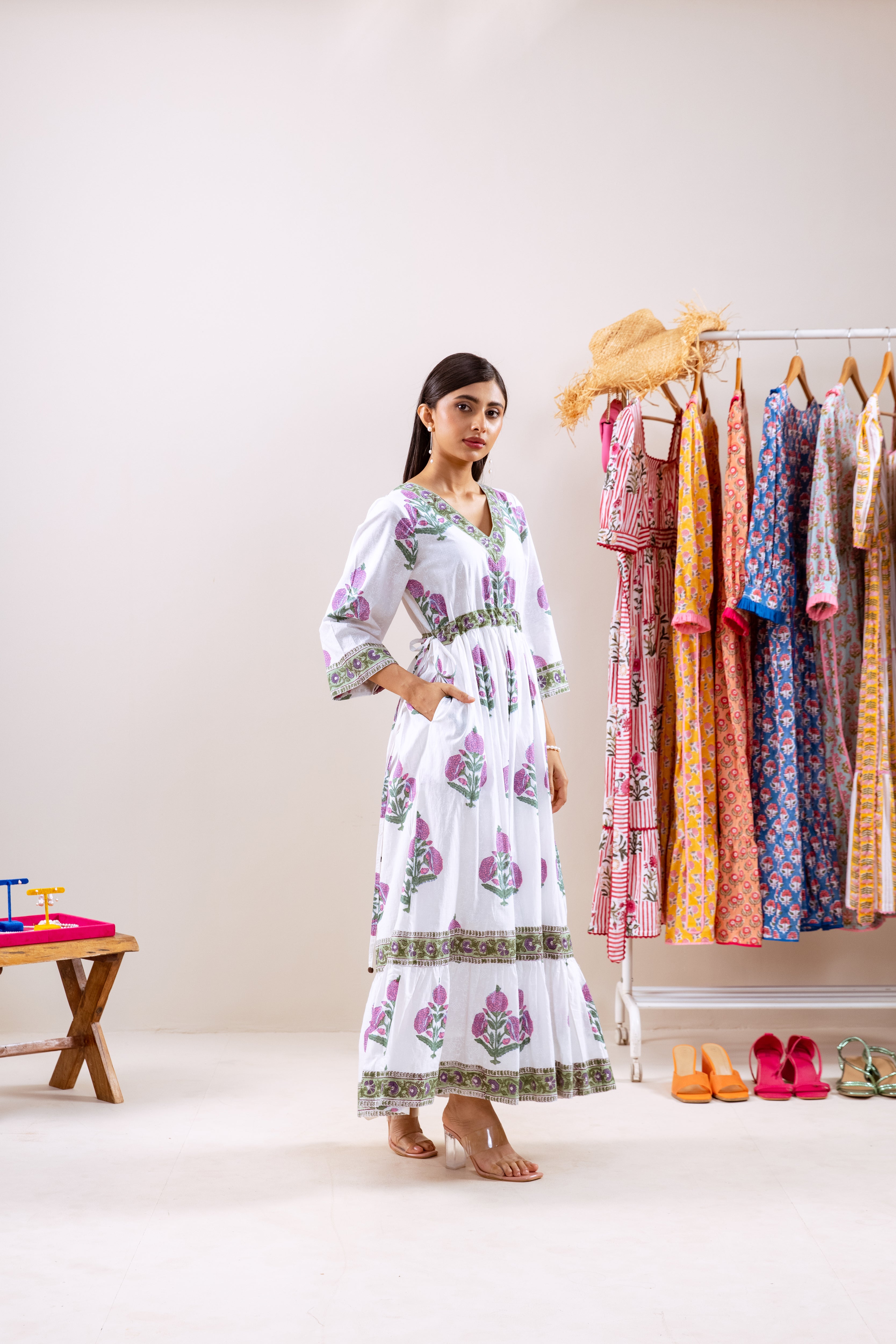 Purple motif frill dress