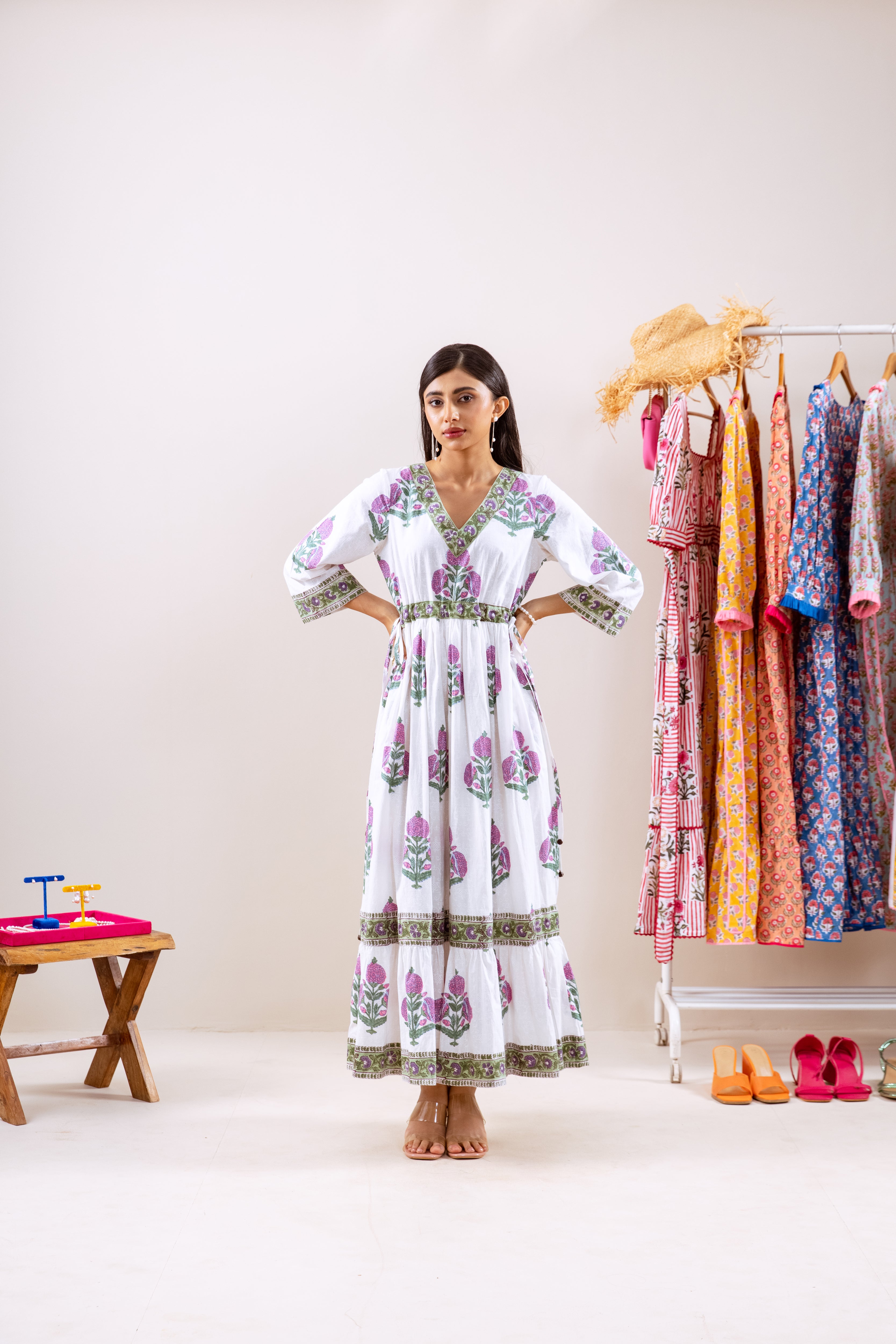 Purple motif frill dress