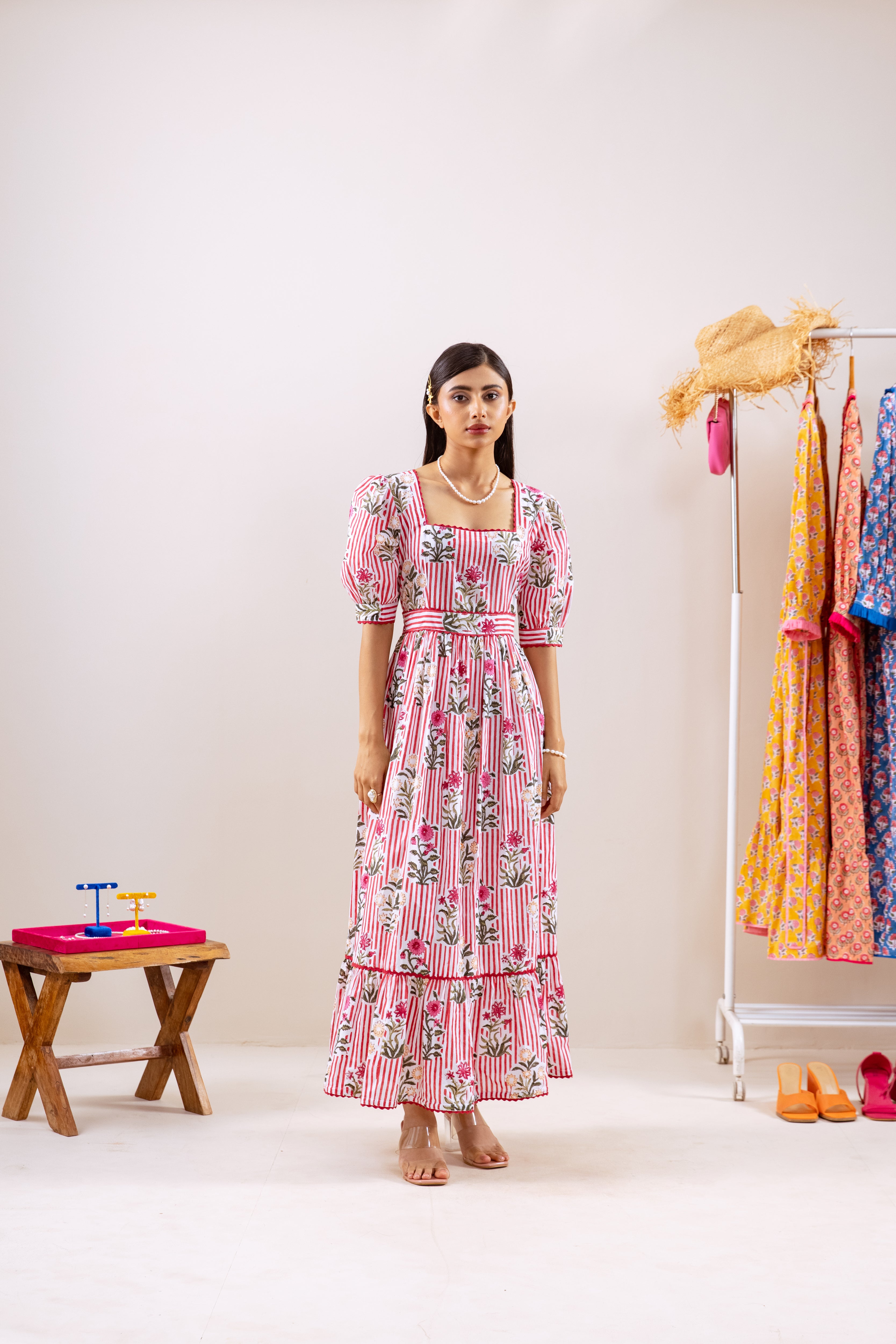 Red stripe & motif dress